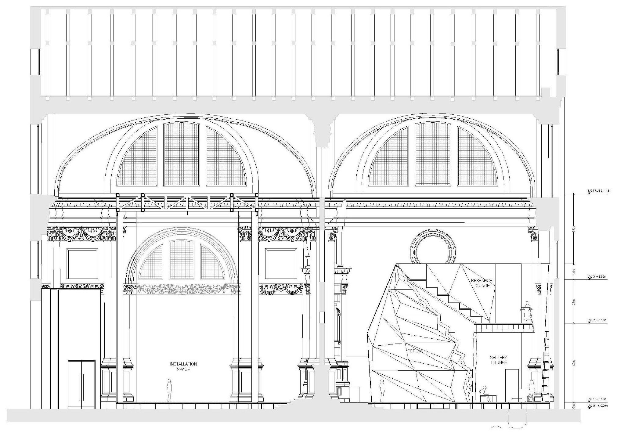Detailed architectural section drawing through the church showing the installation space, forum, research lounge, and gallery lounge program areas