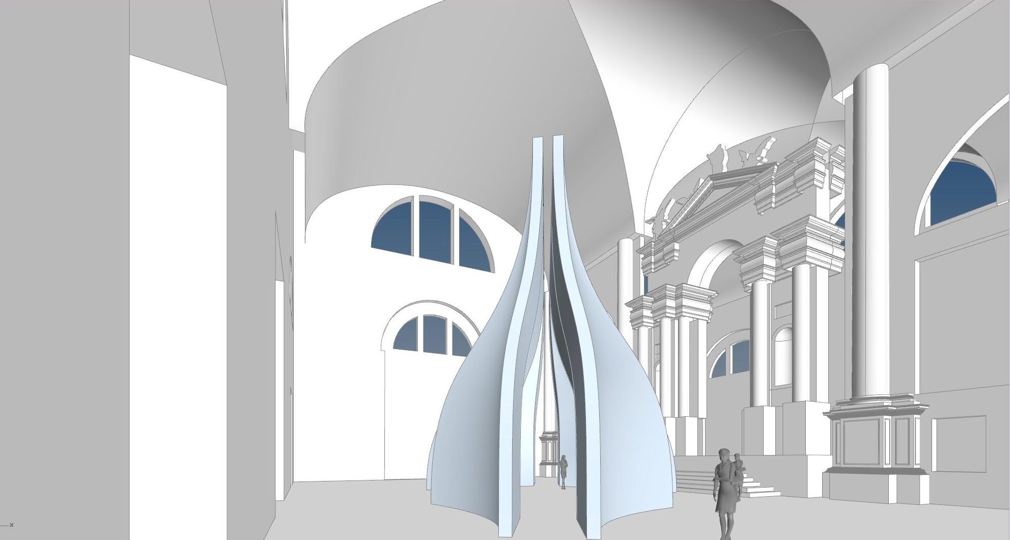 Digital model of the Chiesa di San Lorenzo interior showing two tall blade-like sculptural forms rising from the nave floor, with the church's vaulted ceiling and Baroque altar architecture visible