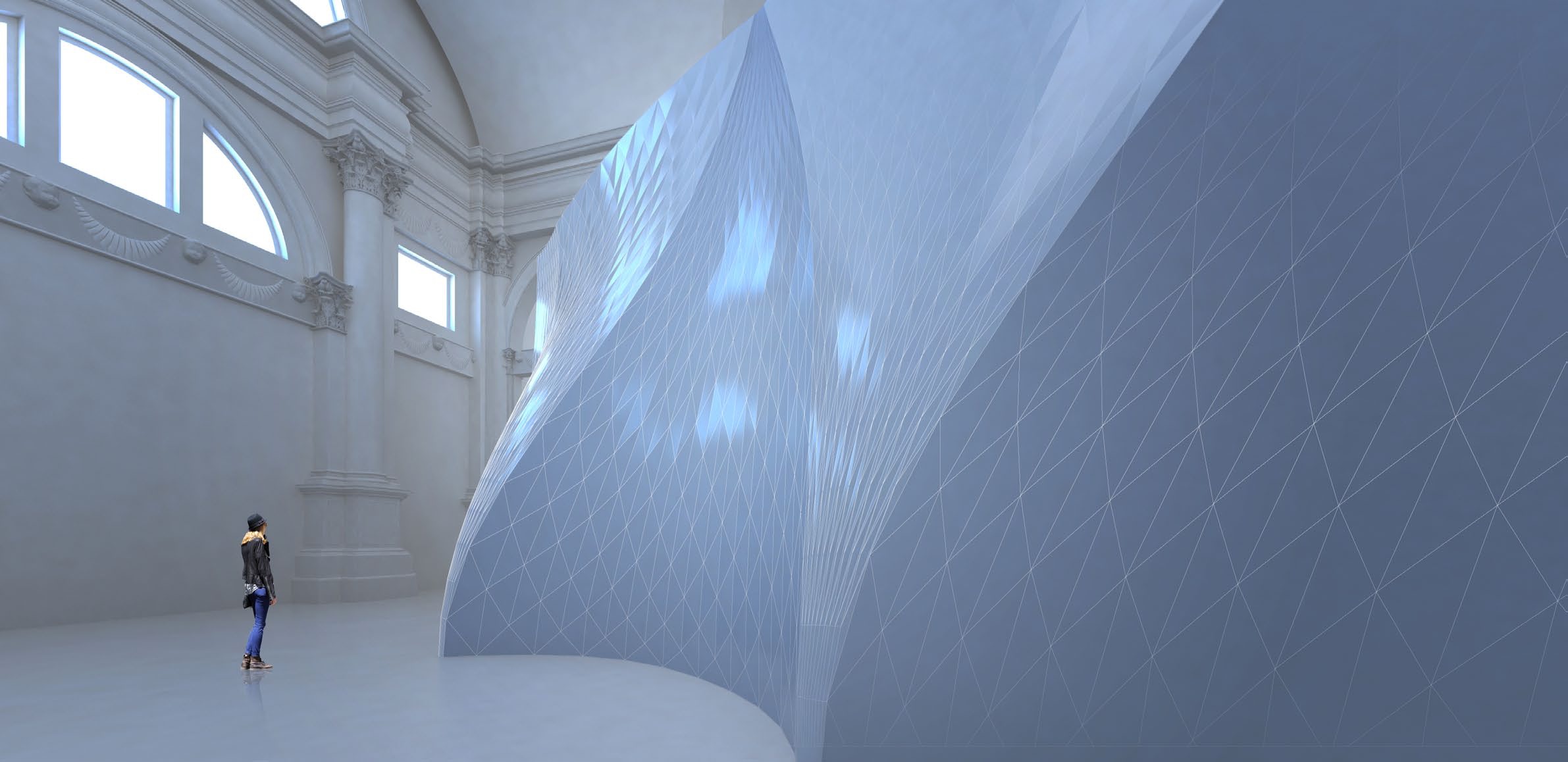 Rendered interior perspective showing a large curved tessellated surface sweeping through the church nave, with triangulated facets visible across its translucent blue skin and a visitor standing at its base