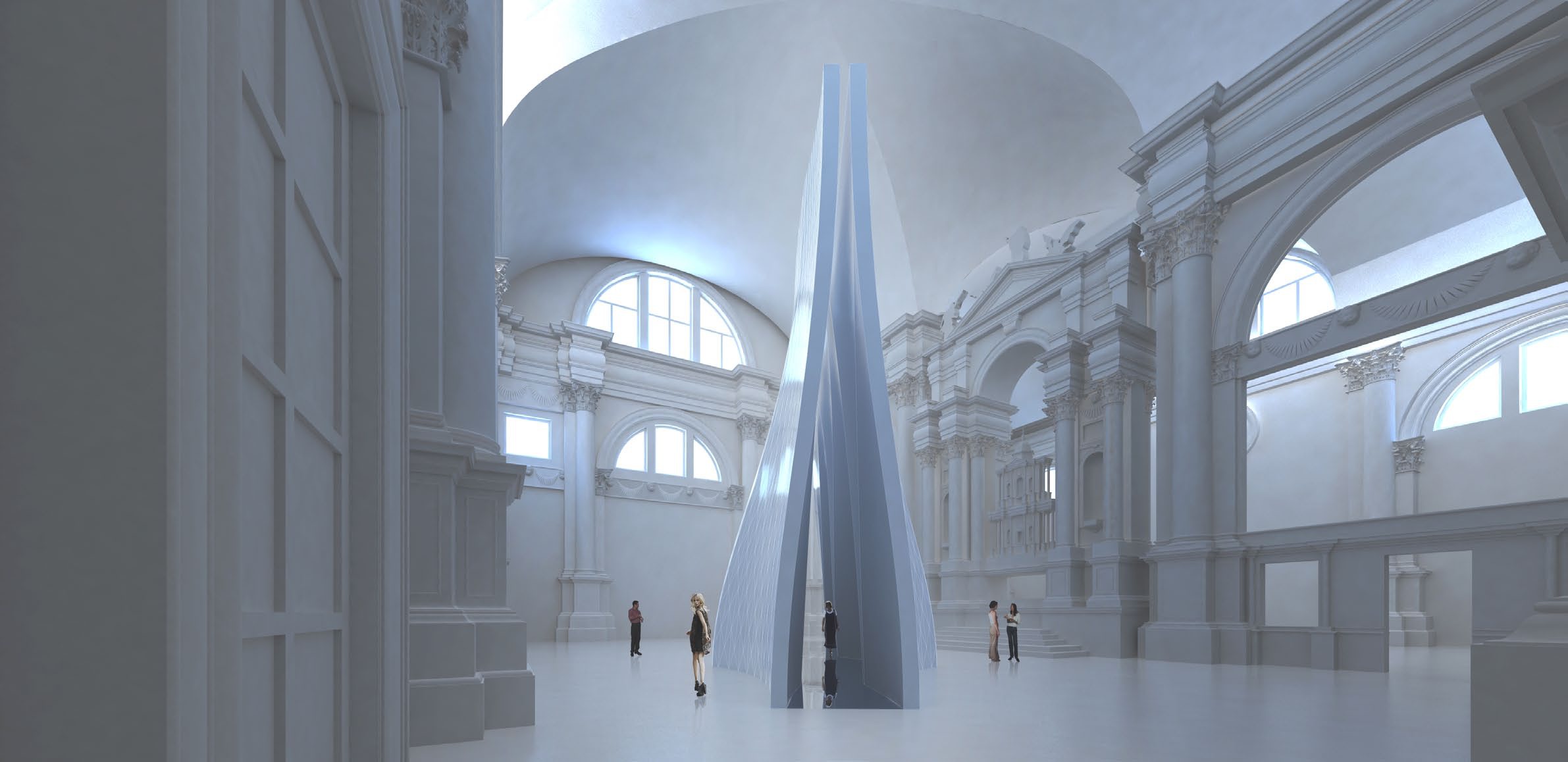 Rendering of the Oceanum Templum installation — a tall tessellated form rising through the nave of the Chiesa di San Lorenzo with visitors at its base