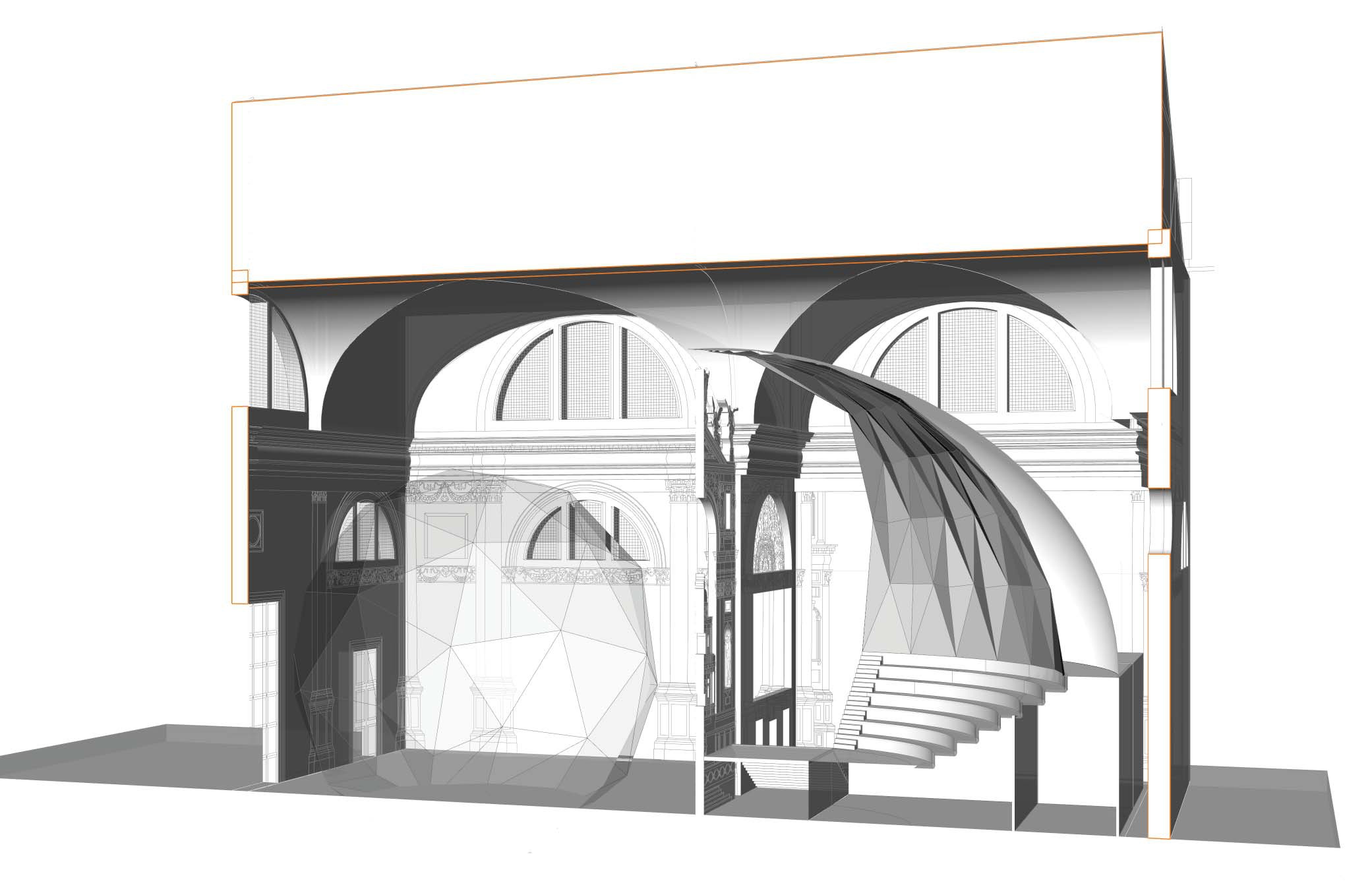 Cross-section through the Chiesa di San Lorenzo showing the installation inserted within the church architecture — a curved surface and spherical volume occupy the nave alongside the existing Baroque altar and staircase