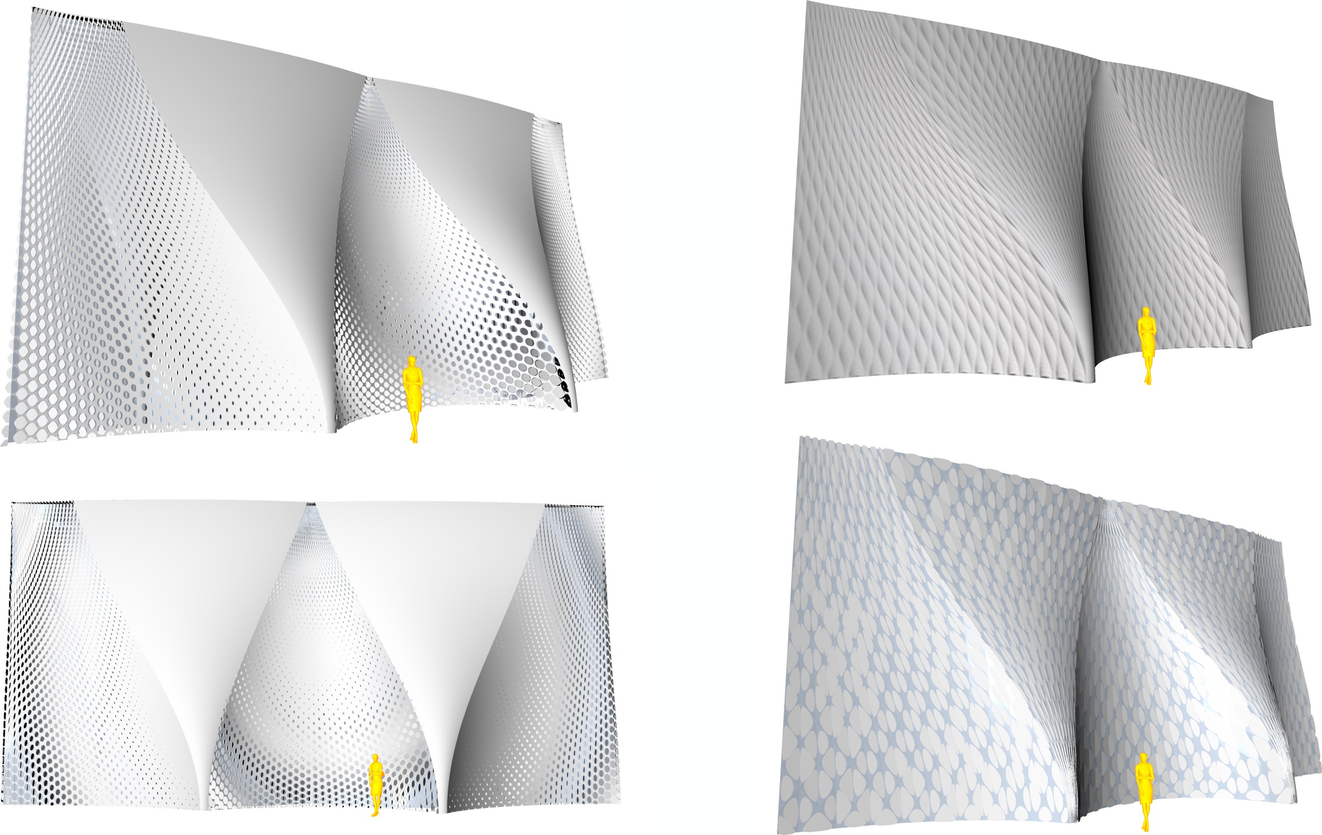 Four tessellated surface variations showing different perforation and geometry patterns — circular perforations, woven mesh, triangulated facets, and diamond tessellation — each with a scale figure