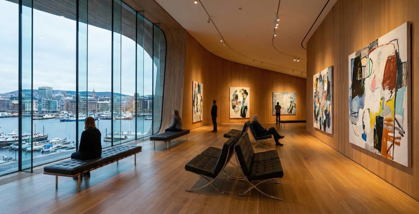 Upper gallery with curved timber-clad walls, floor-to-ceiling windows overlooking Oslo harbor, contemporary abstract paintings, and modernist lounge seating on warm oak flooring