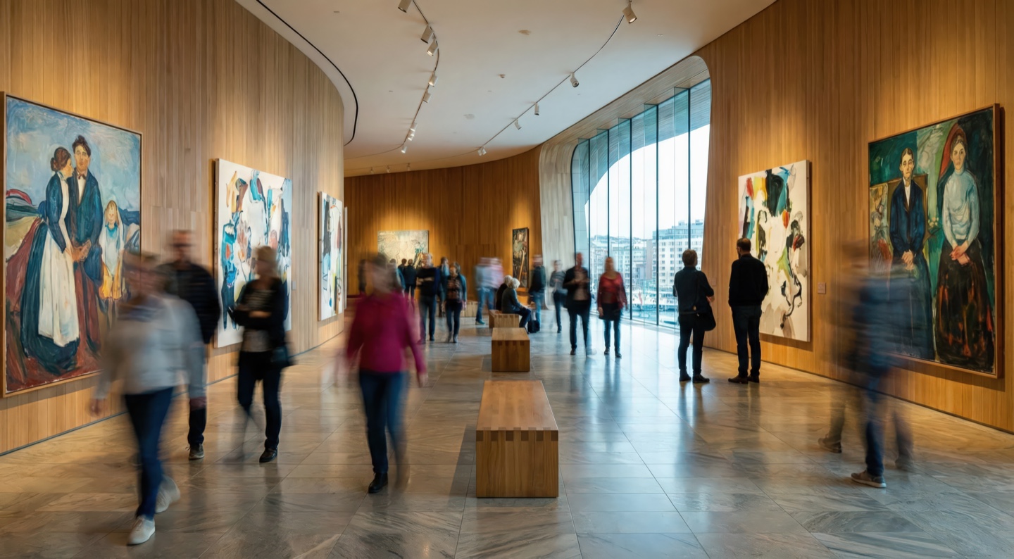 Painting gallery with curved timber-paneled walls displaying large-scale figurative artworks, herringbone stone flooring, track lighting, and an arched window at the far end