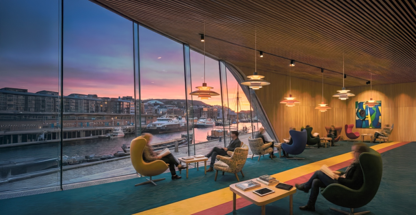 Reading room at sunset with floor-to-ceiling curved glass walls overlooking the harbor and city, mid-century modern armchairs in yellow and green, pendant lamps, and a warm timber-slatted ceiling