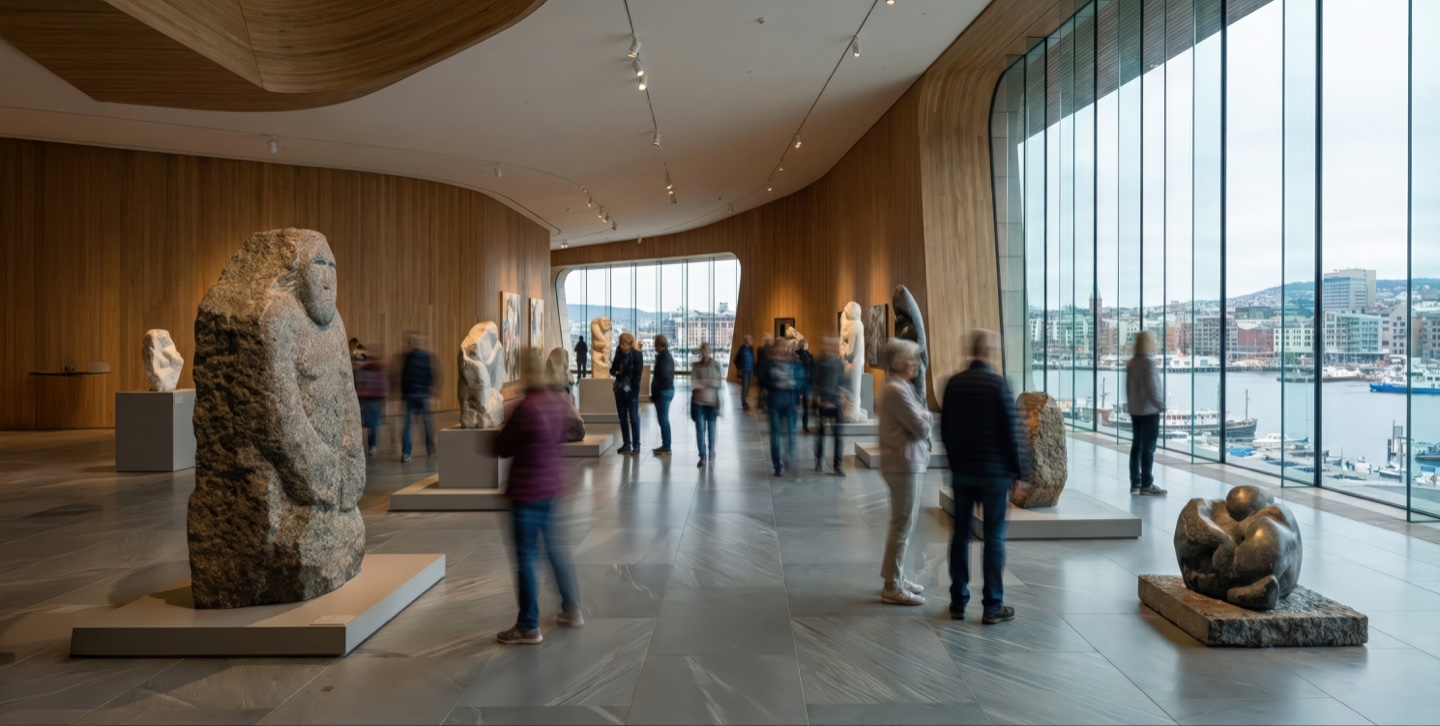 Sculpture gallery with stone and bronze sculptures on plinths beneath a sweeping timber ceiling canopy, visitors browsing among the works, and a tall window wall framing the Oslo harbor beyond