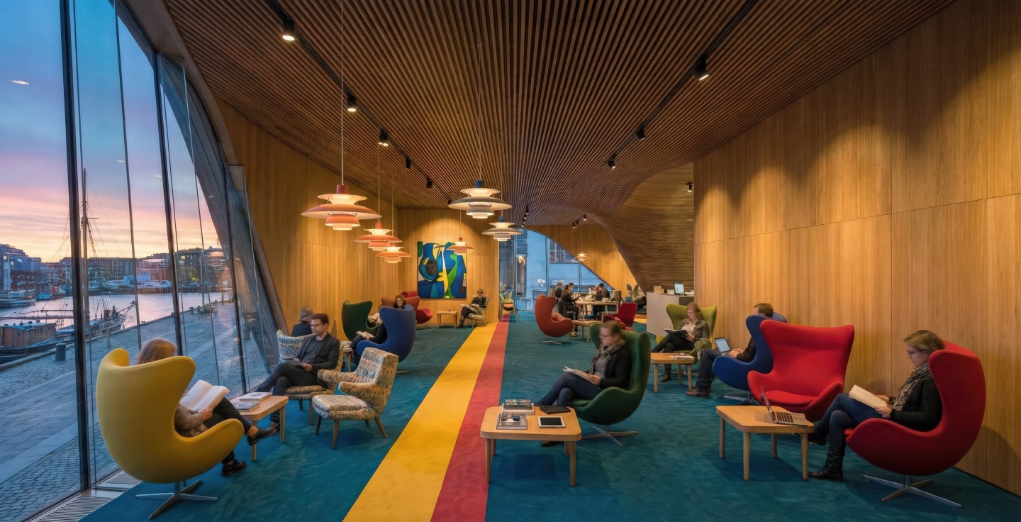 Study area lounge with colorful Egg and Swan chairs in red, yellow, and green on a teal carpet with bold stripe, pendant lighting, and curved glass walls revealing the harbor at twilight