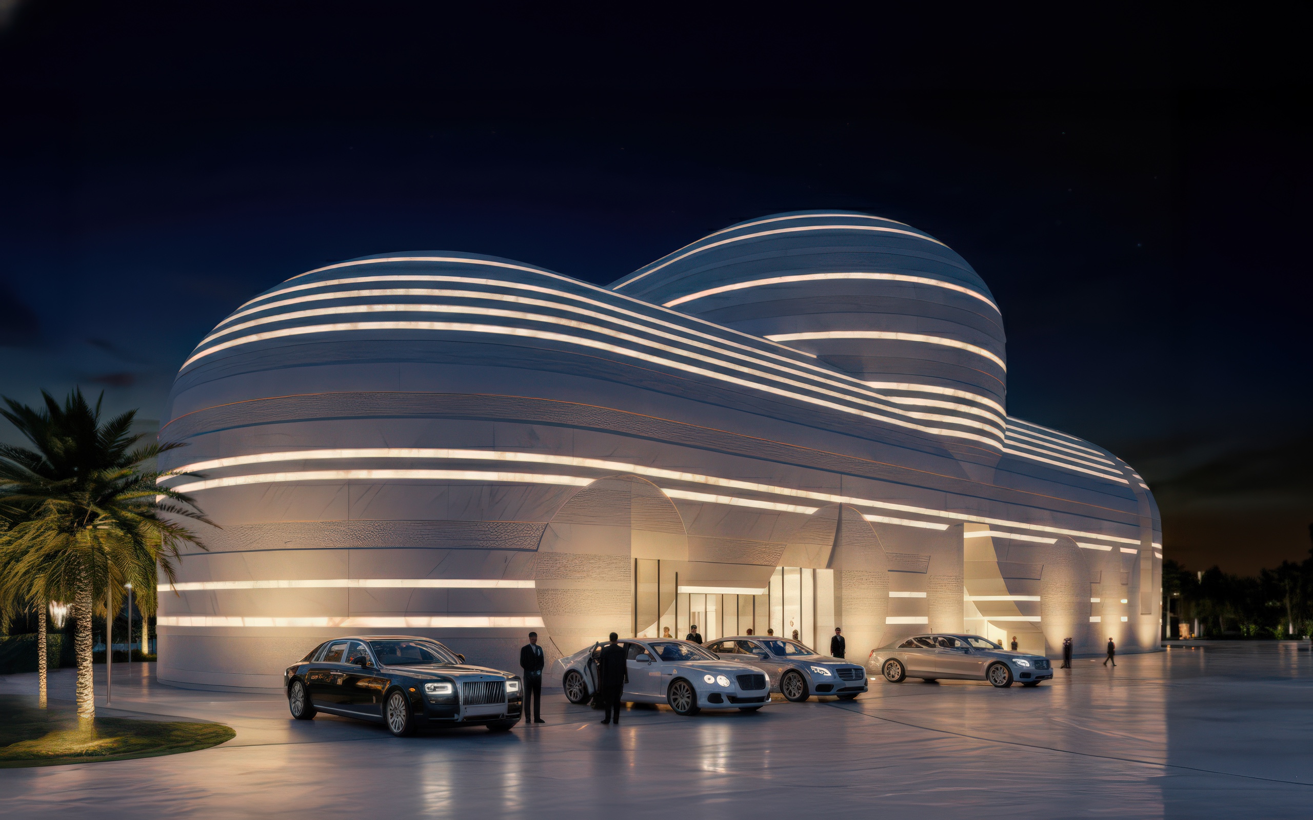 The GEM Luxury Retail Center illuminated at night with flowing sculptural facade and luxury vehicles at the entrance