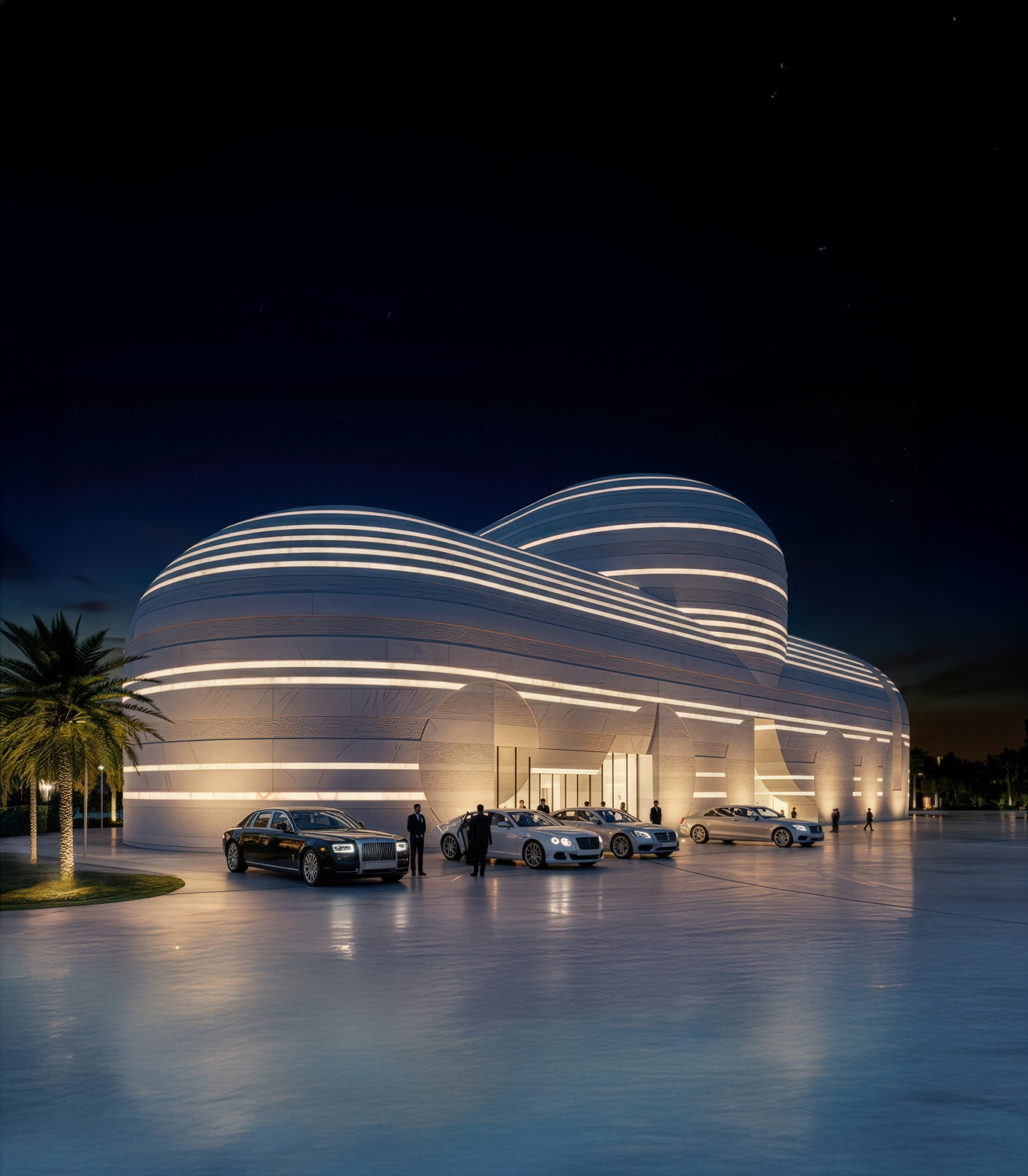 Full view of The GEM building exterior at night with illuminated horizontal bands