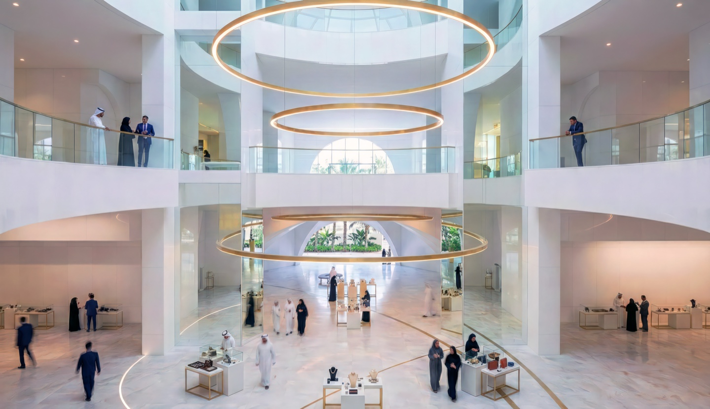 Grand multi-level atrium with suspended golden ring lights and retail displays