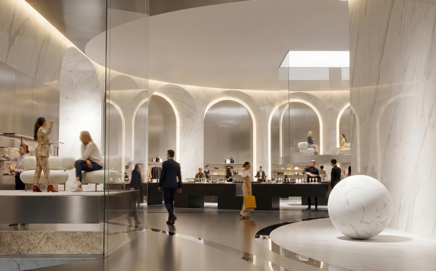 Luxury retail interior with marble arches, glass partitions, and elegant shoppers in The GEM center