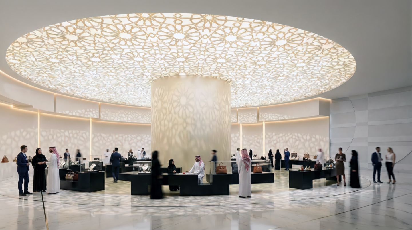 Retail hall with ornate Islamic geometric pattern ceiling and warm ambient lighting