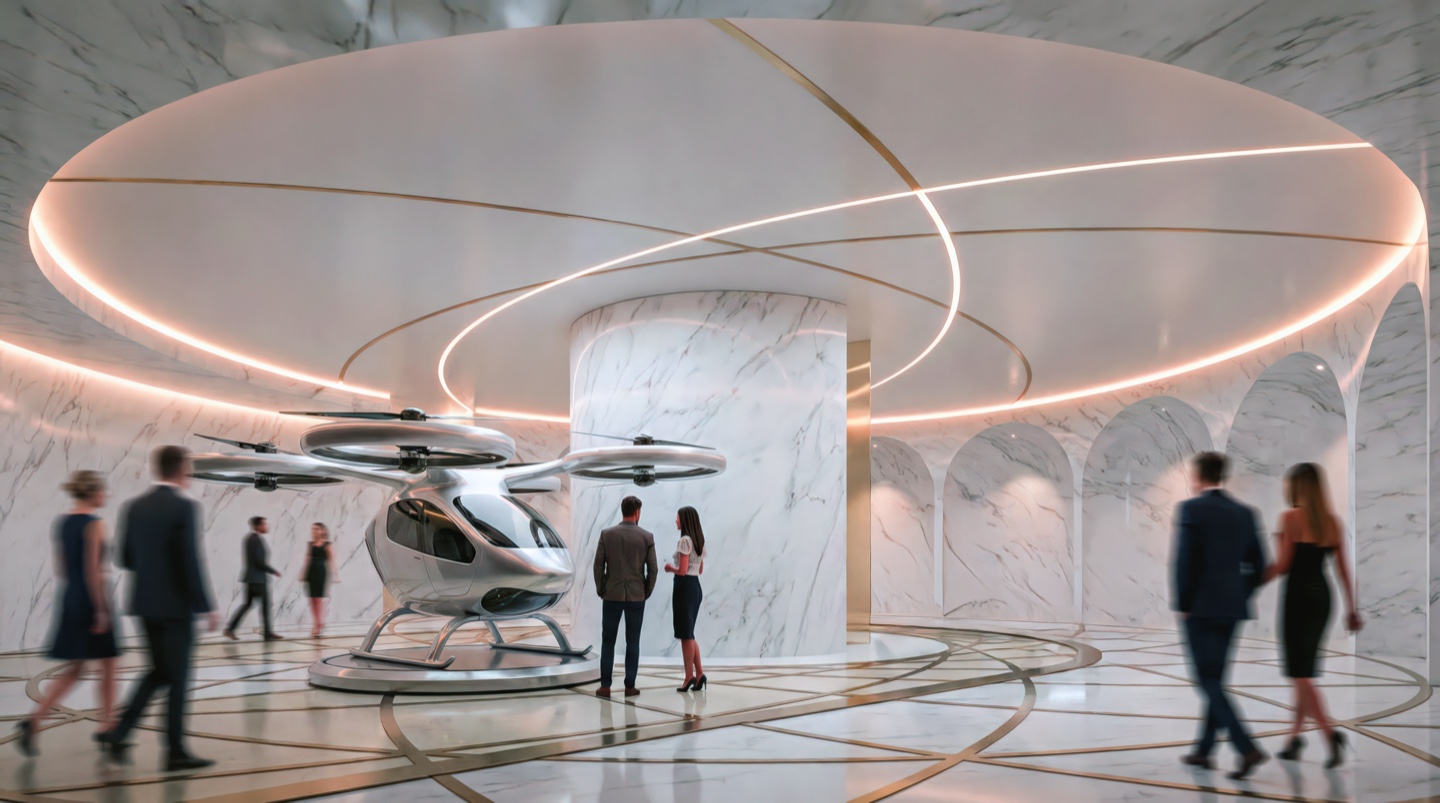 Marble-clad lobby with sculptural lighting and eVTOL aircraft display