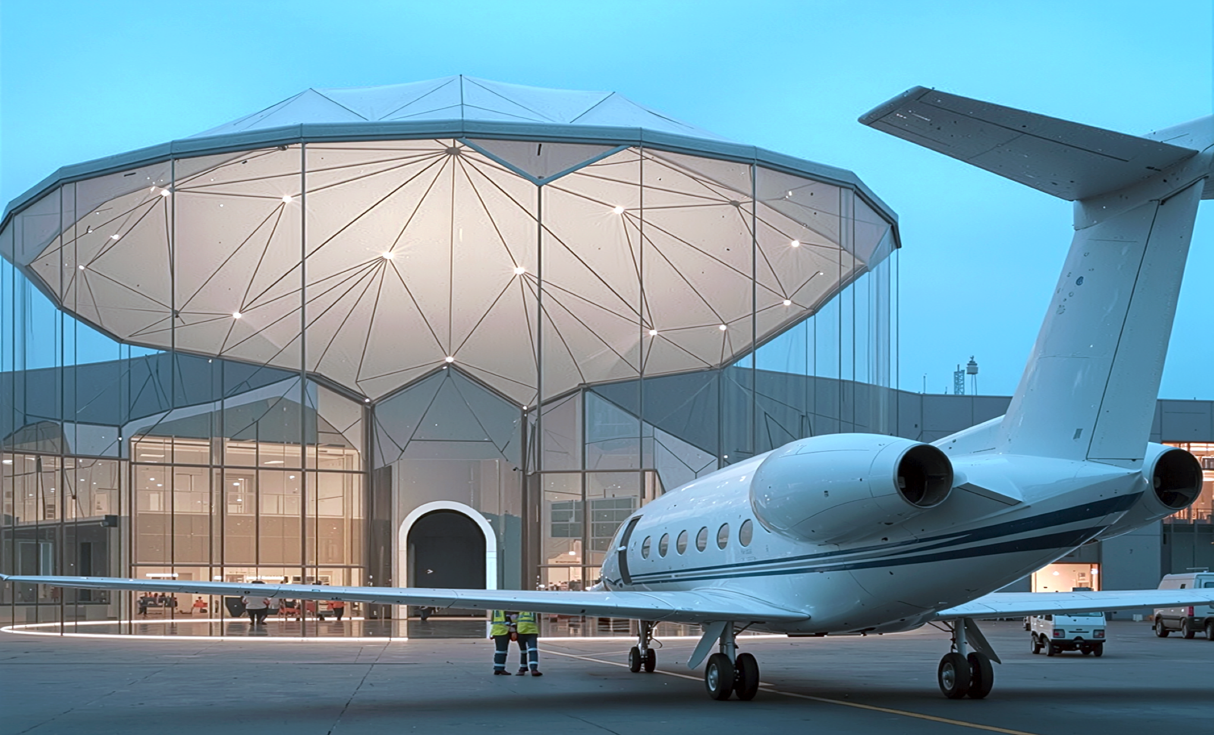 Exterior dusk view of the JetBusiness pop-up pavilion — a faceted glass geodesic structure glowing from within, with a private jet parked on the tarmac beside it