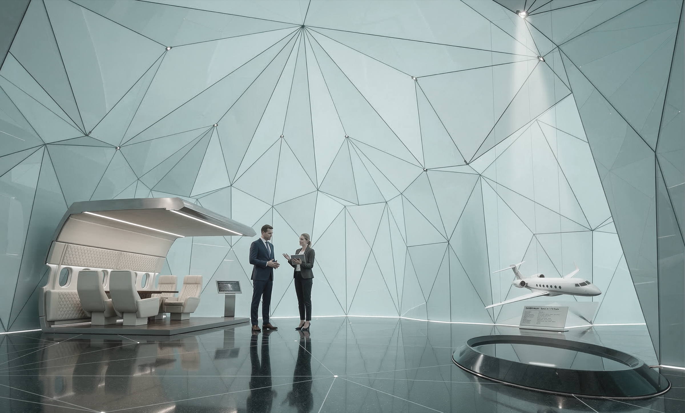 Interior of the faceted pavilion showing a full-scale cabin cross-section mockup with cream leather seating, a visitor consulting with staff, and a scale jet model on a pedestal