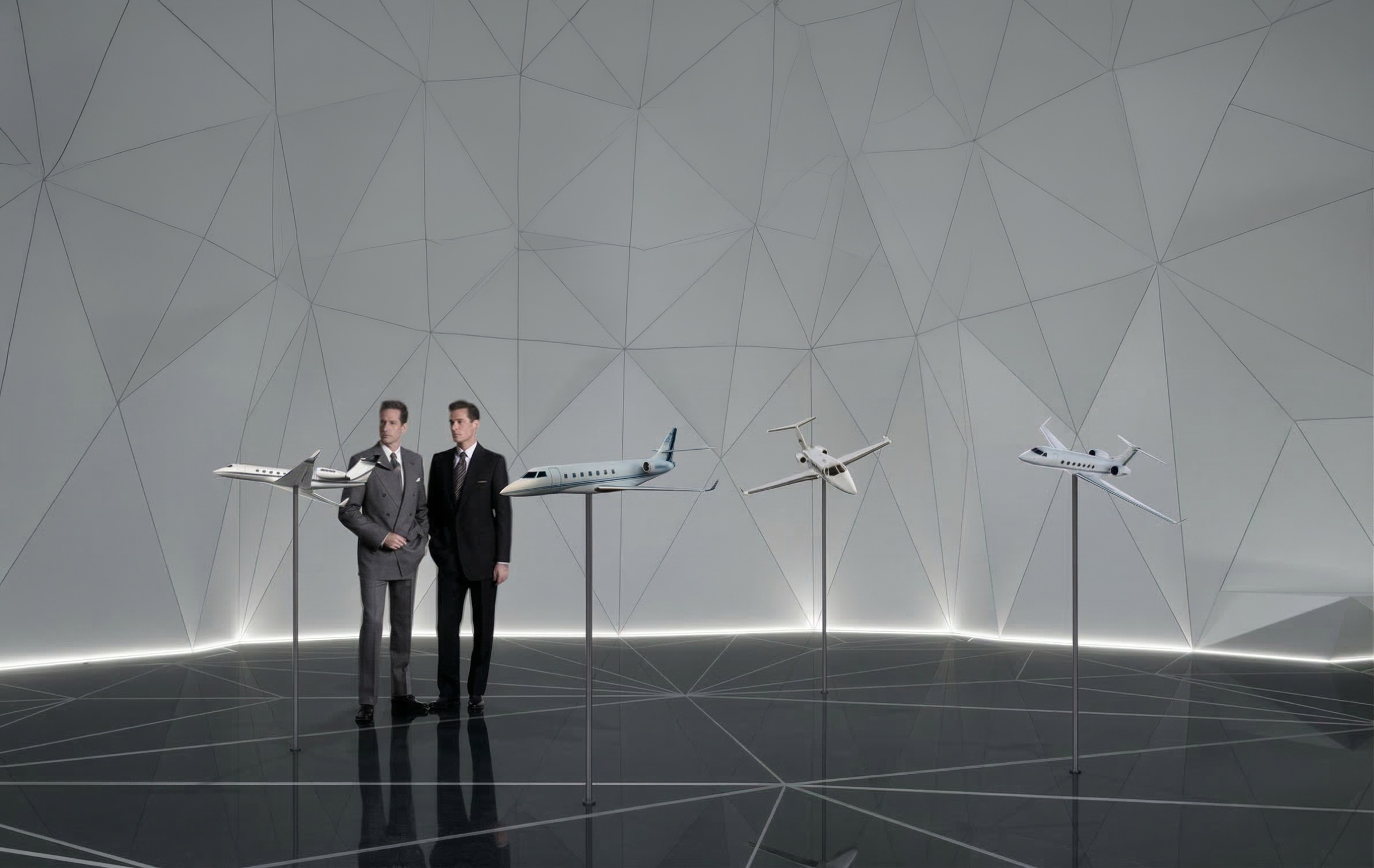 Two visitors standing among four scale jet models mounted on slender steel stands inside the pavilion, reflective dark floor and tessellated walls glowing with ambient light