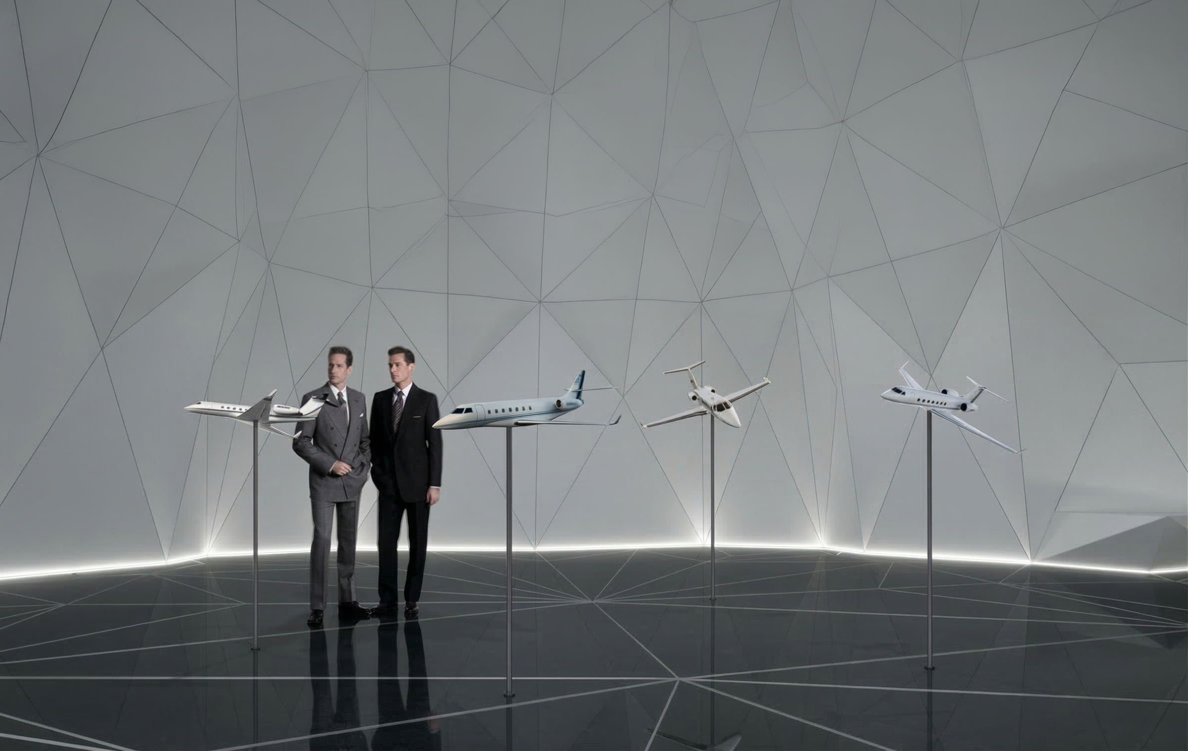 Two visitors standing among four scale jet models mounted on slender steel stands inside the pavilion, reflective dark floor and tessellated walls glowing with ambient light