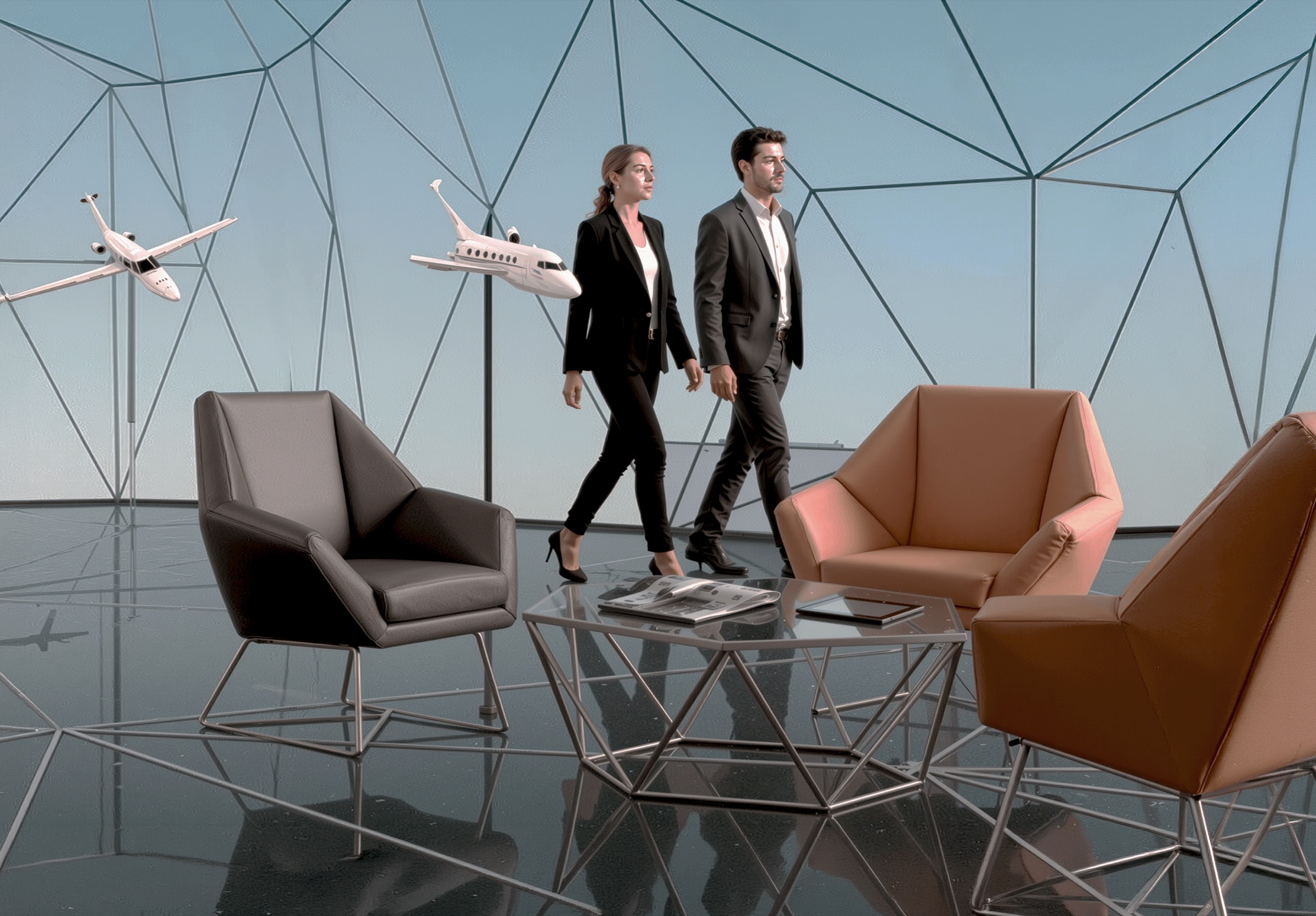 Two visitors walking through the lounge area with angular leather armchairs, a faceted glass coffee table, and scale jet models suspended in the background against the tessellated blue-lit interior