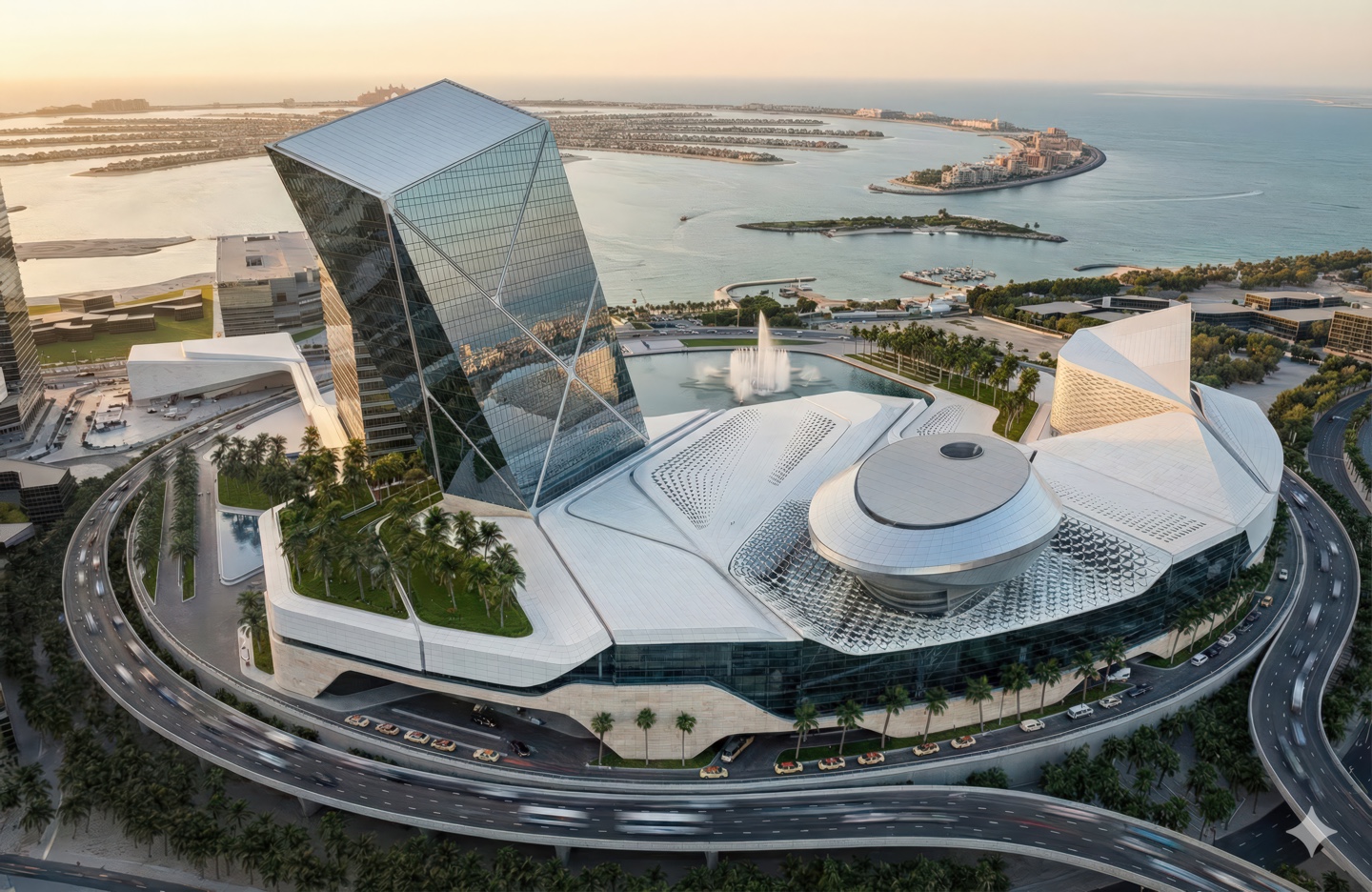 Aerial masterplan view of the full Dubai Pearl complex with twin glass towers, circular podium, and coastal setting
