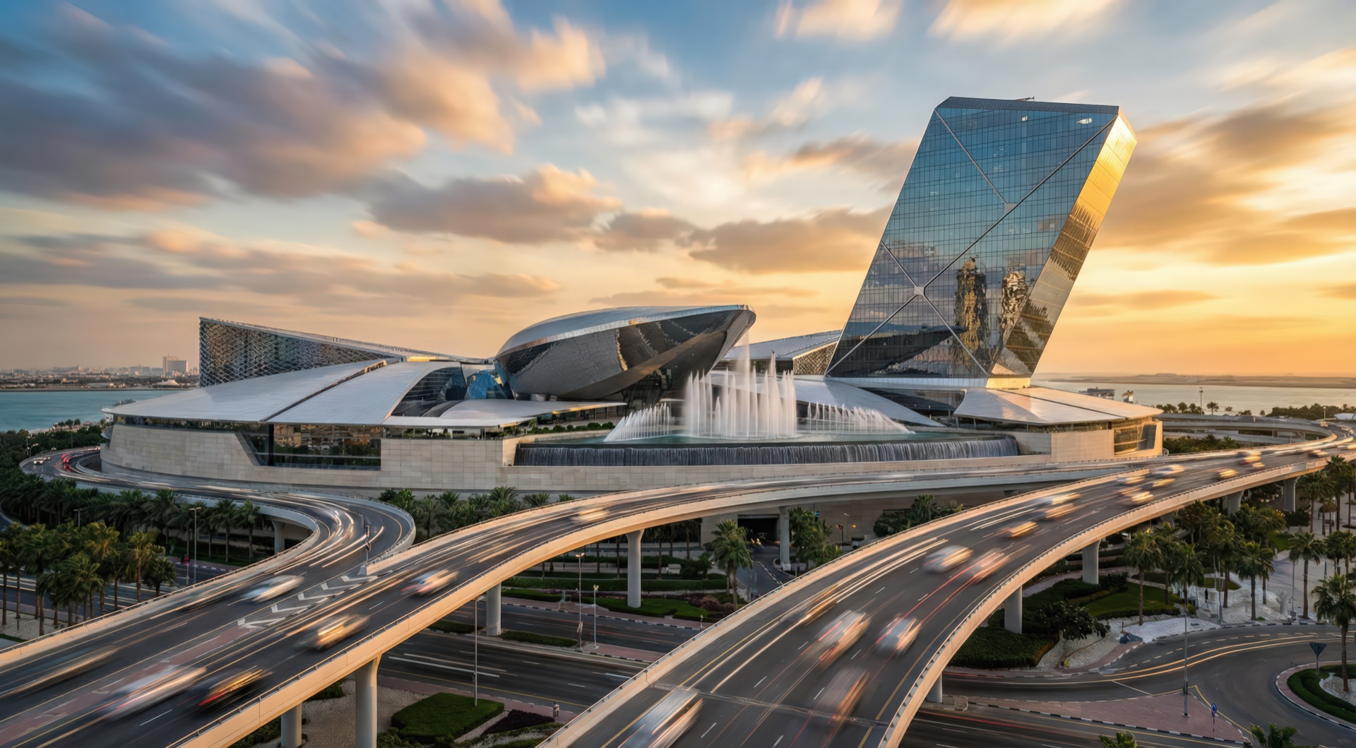 Dramatic sunset aerial view of the Dubai Pearl development with sweeping highway interchange and glass tower
