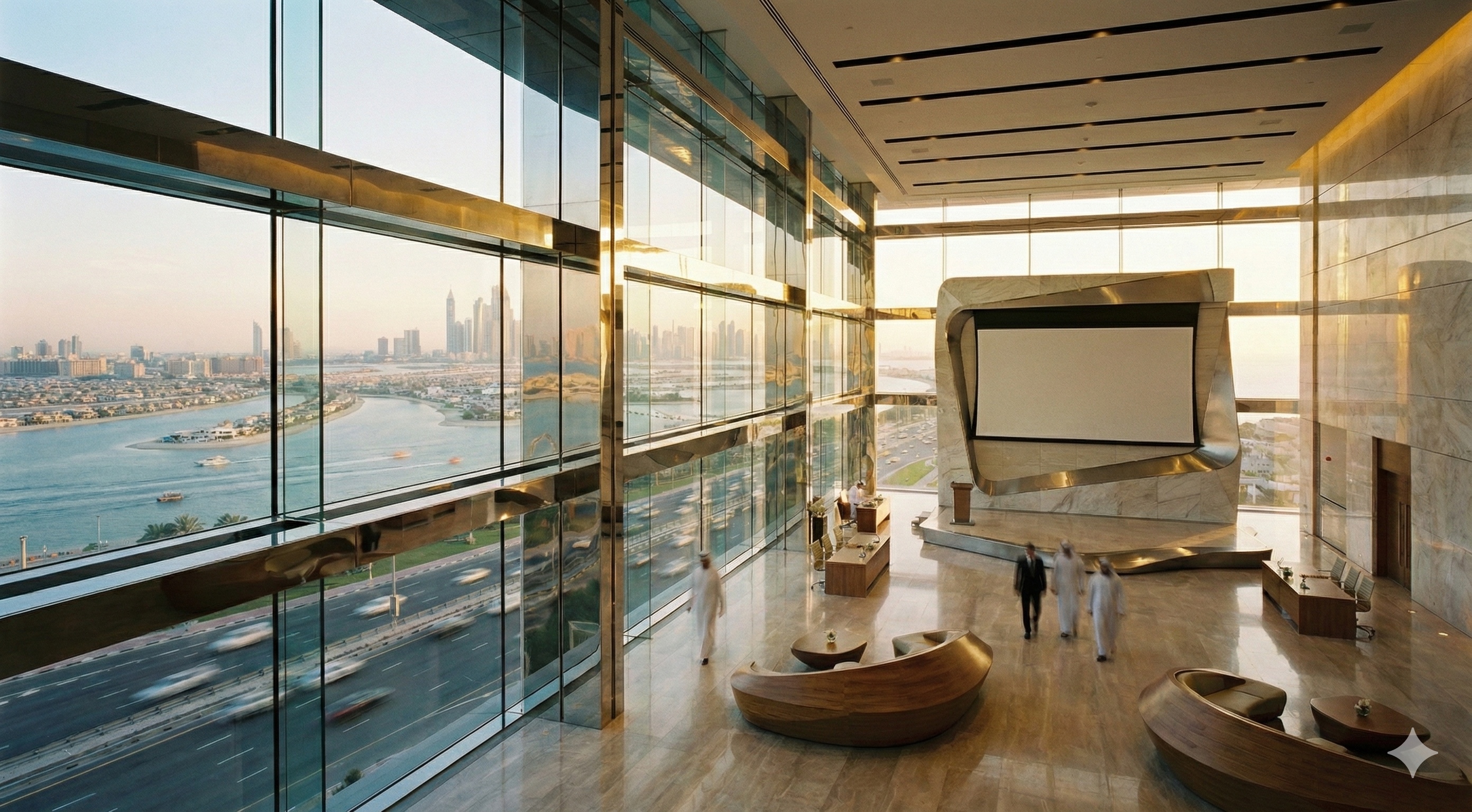 Interior observation lounge with panoramic glass walls overlooking the Dubai waterfront at golden hour