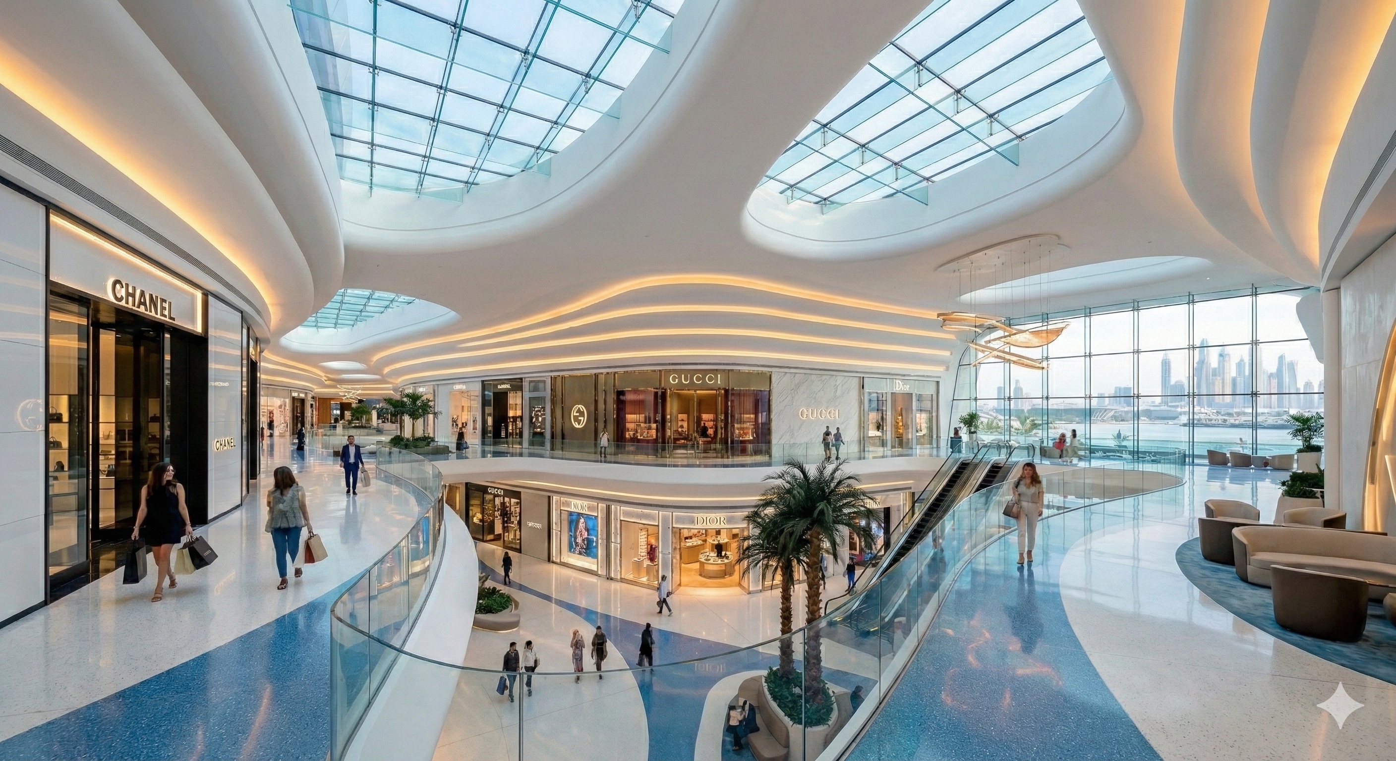 Luxury retail mall interior with flowing white ceiling forms, blue marble floors, and designer storefronts