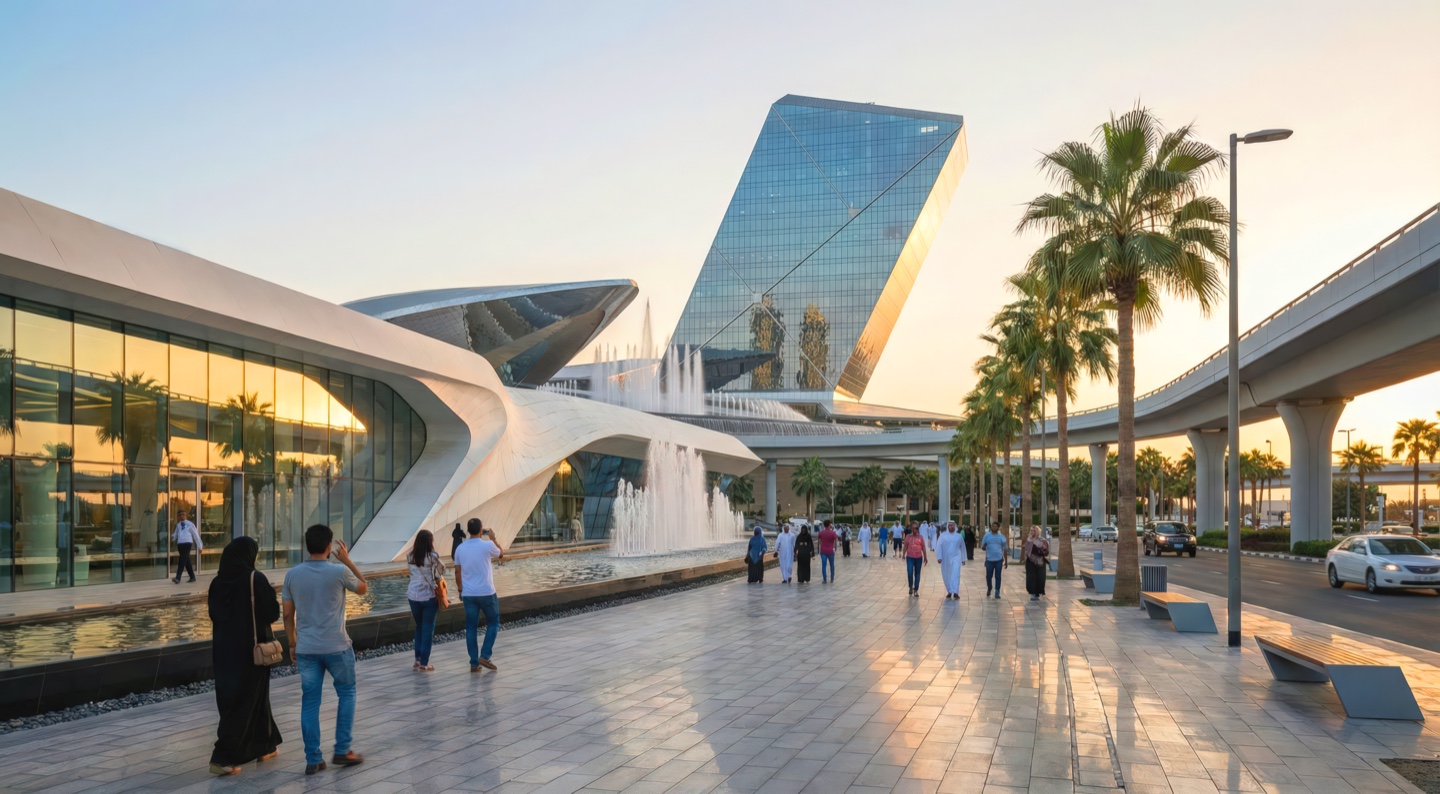 Street-level view of the pedestrian plaza at golden hour with the sculptural podium and glass tower