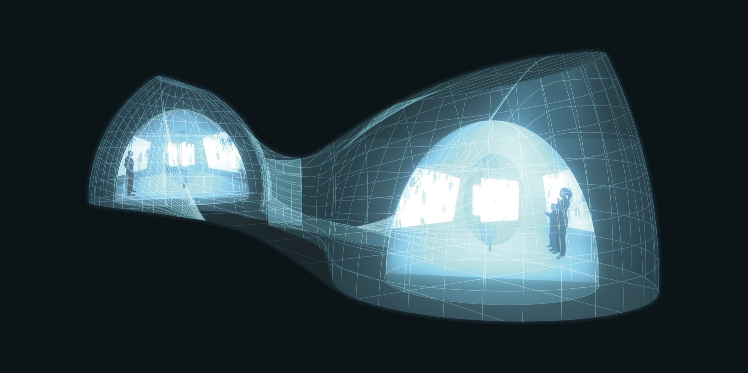 Wireframe rendering of Absolute Zero — biomorphic S-shaped snow structure with illuminated interior chambers