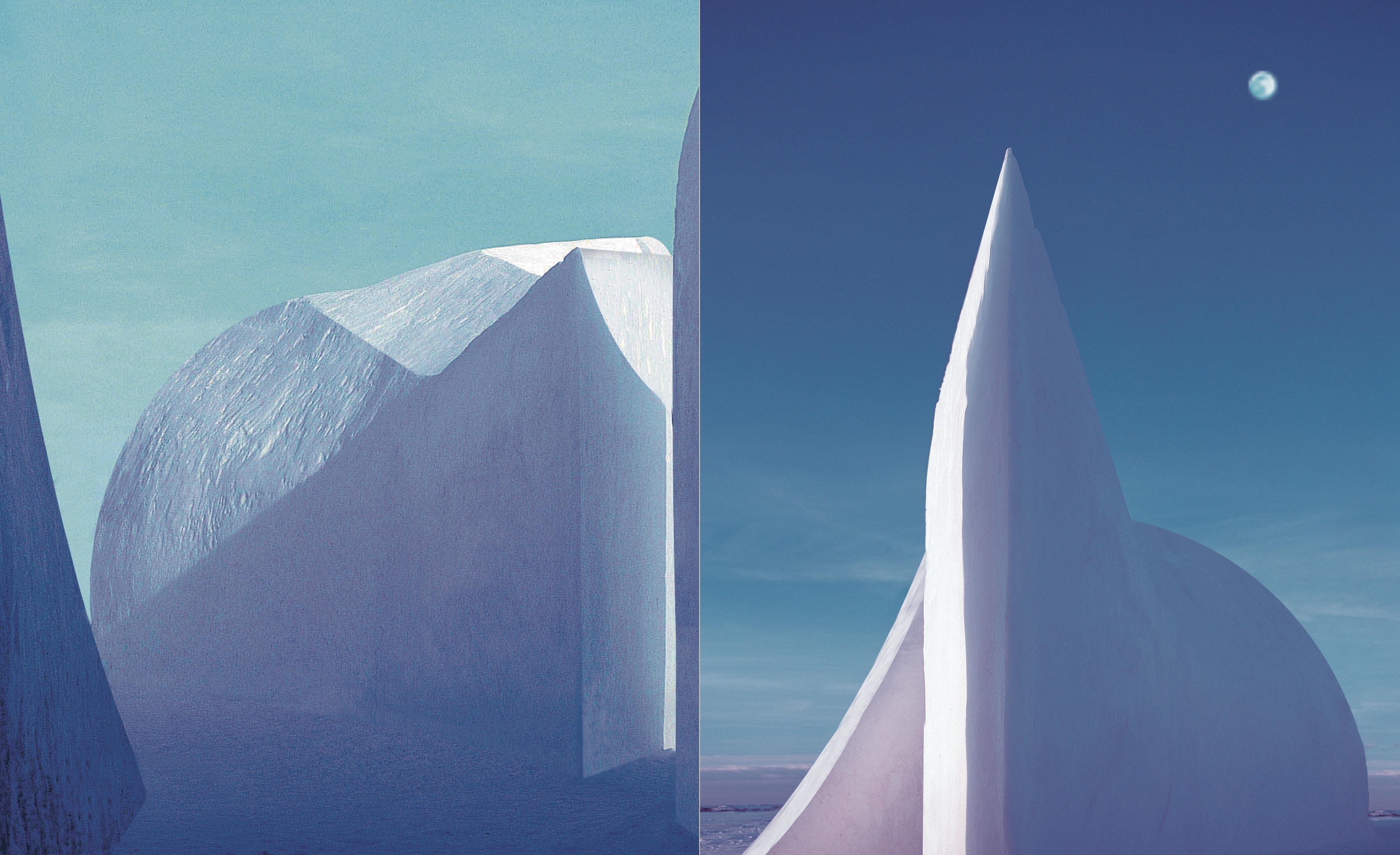 Diptych detail of the Absolute Zero snow forms — geometric carved surfaces against pale Arctic sky, moon visible above the sweeping curves