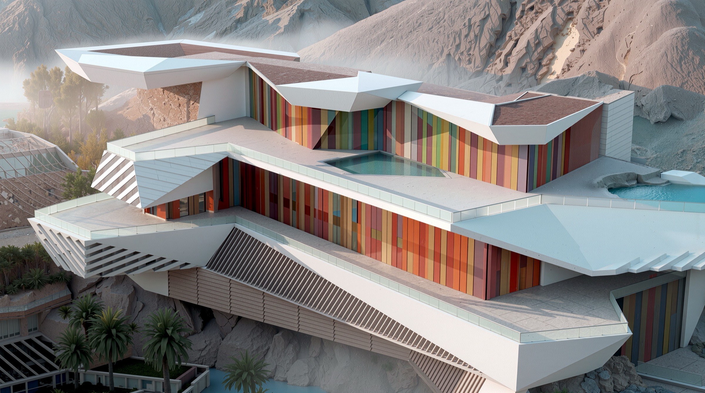Aerial view of multi-level resort villa with colorful striped facades and infinity pool nestled against desert mountains