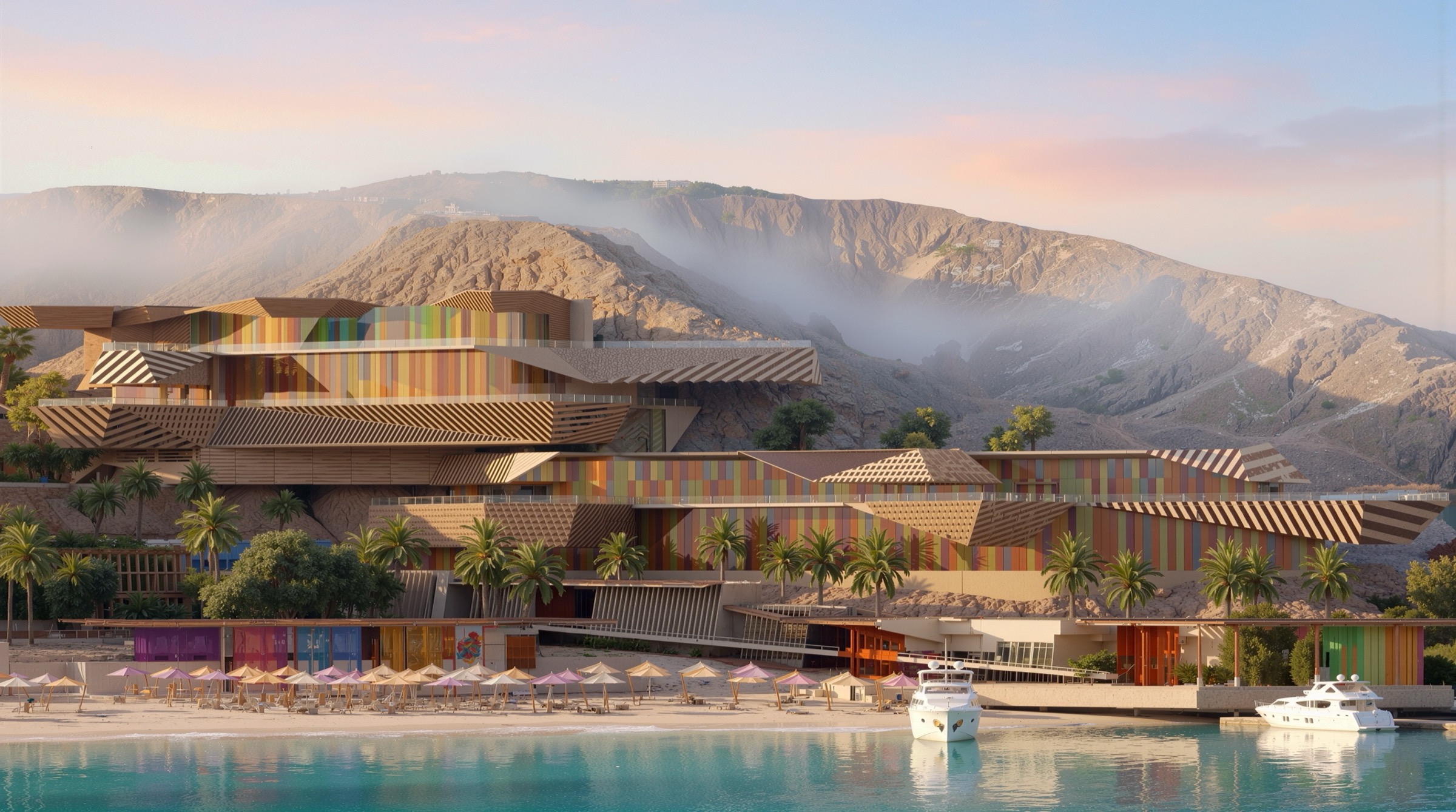 Panoramic waterfront view of Tiran Island resort complex with marina, palm trees, and desert mountains at sunset