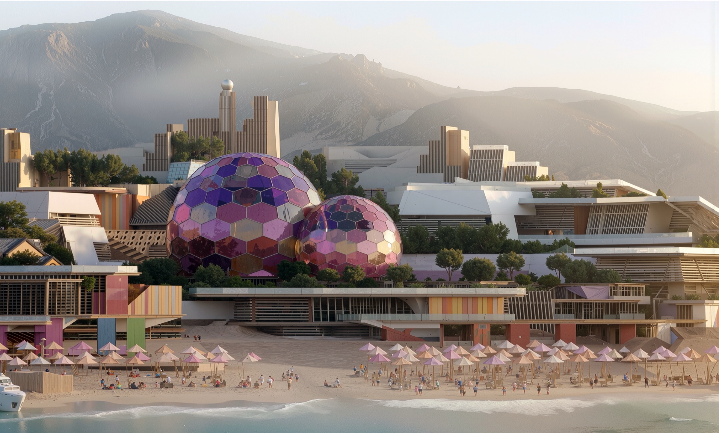 Beachfront master plan view with geodesic domes, beach umbrellas, and mountainous backdrop along the Red Sea coast