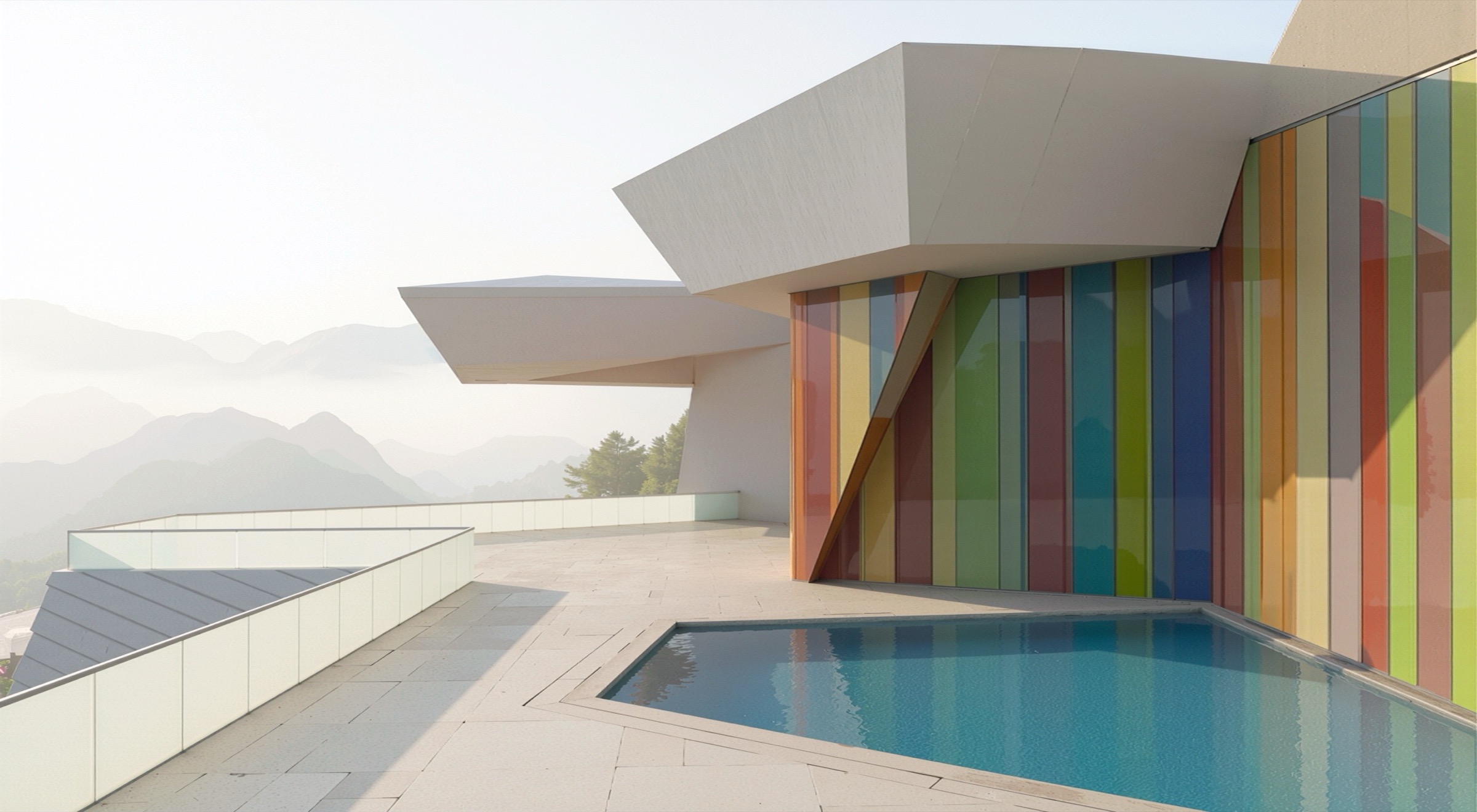 Infinity pool with angular white canopy structure and colorful facade, Red Sea mountains visible in the distance