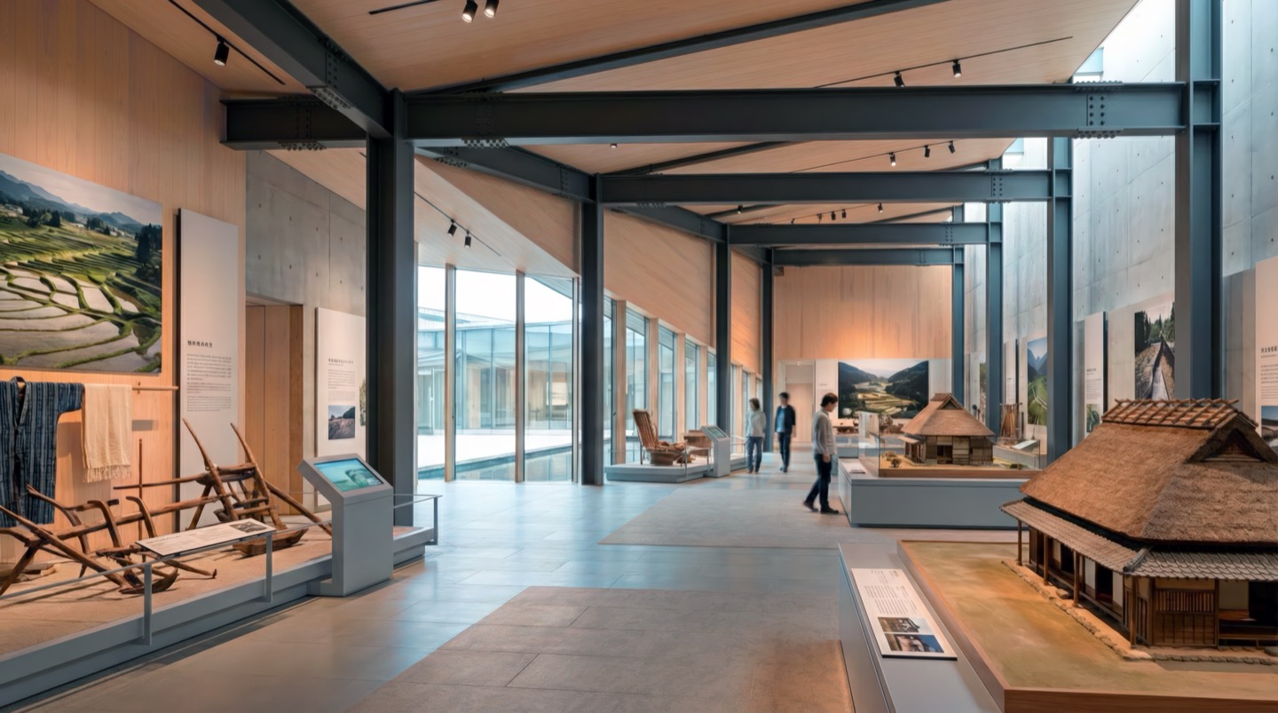 Exhibition hall interior with exposed steel beam structure displaying agrarian artifacts and scale models of traditional rural houses
