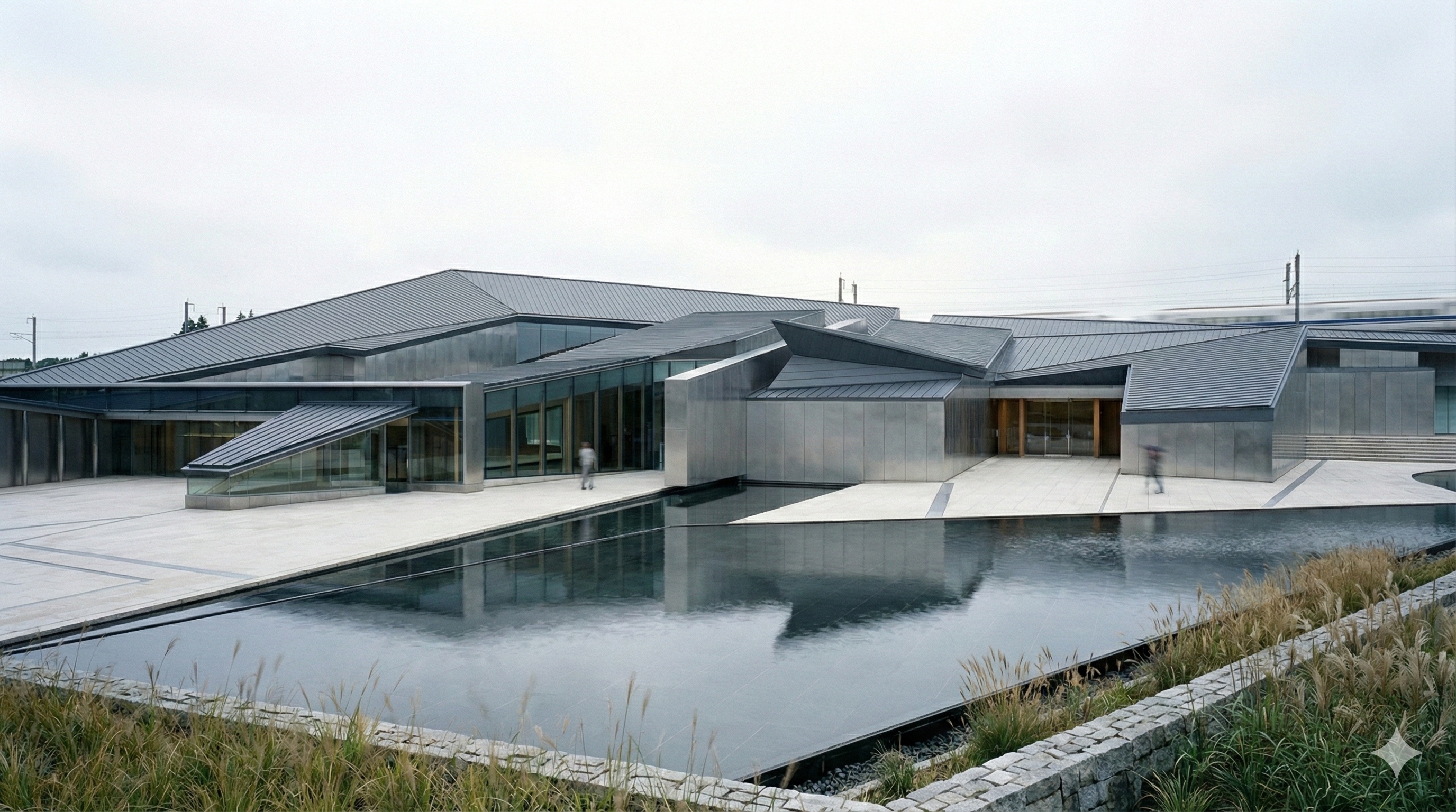 Exterior view of the museum complex across a reflecting pool with angular interconnected rooflines under an overcast sky