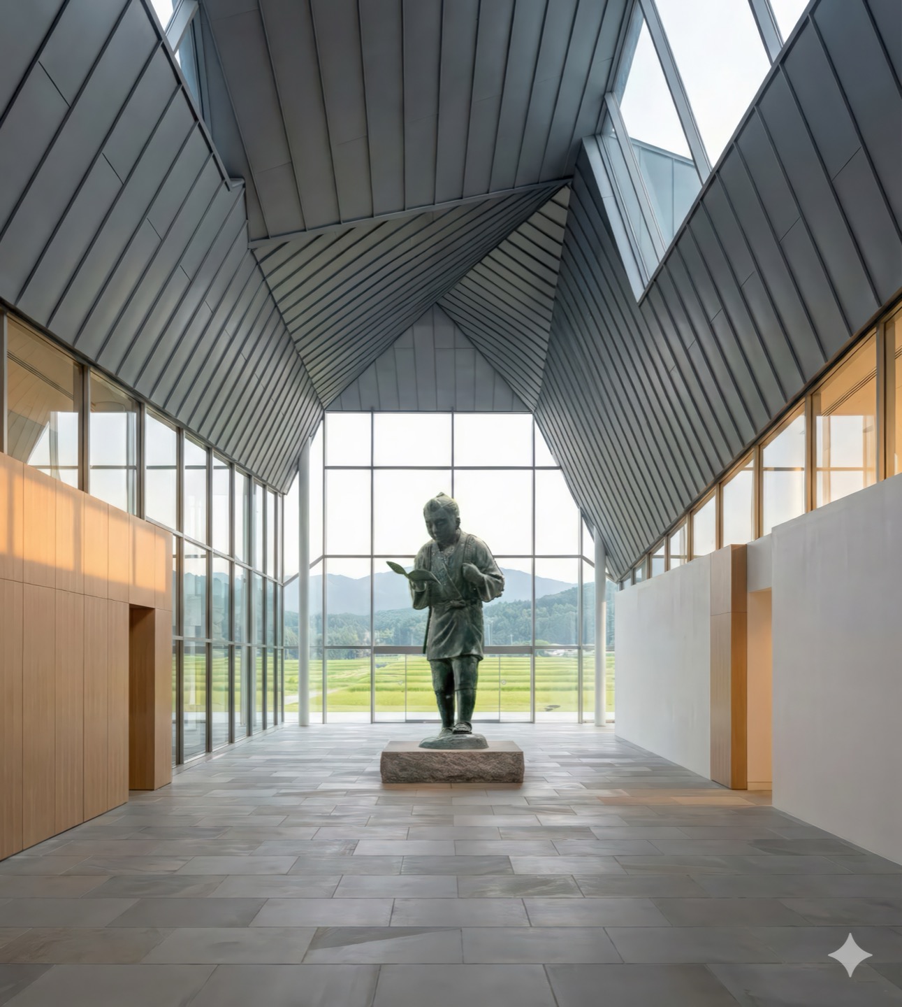 Portrait view of the central gallery with folded geometric metal ceiling converging above a bronze farmer statue and panoramic views of green rice fields