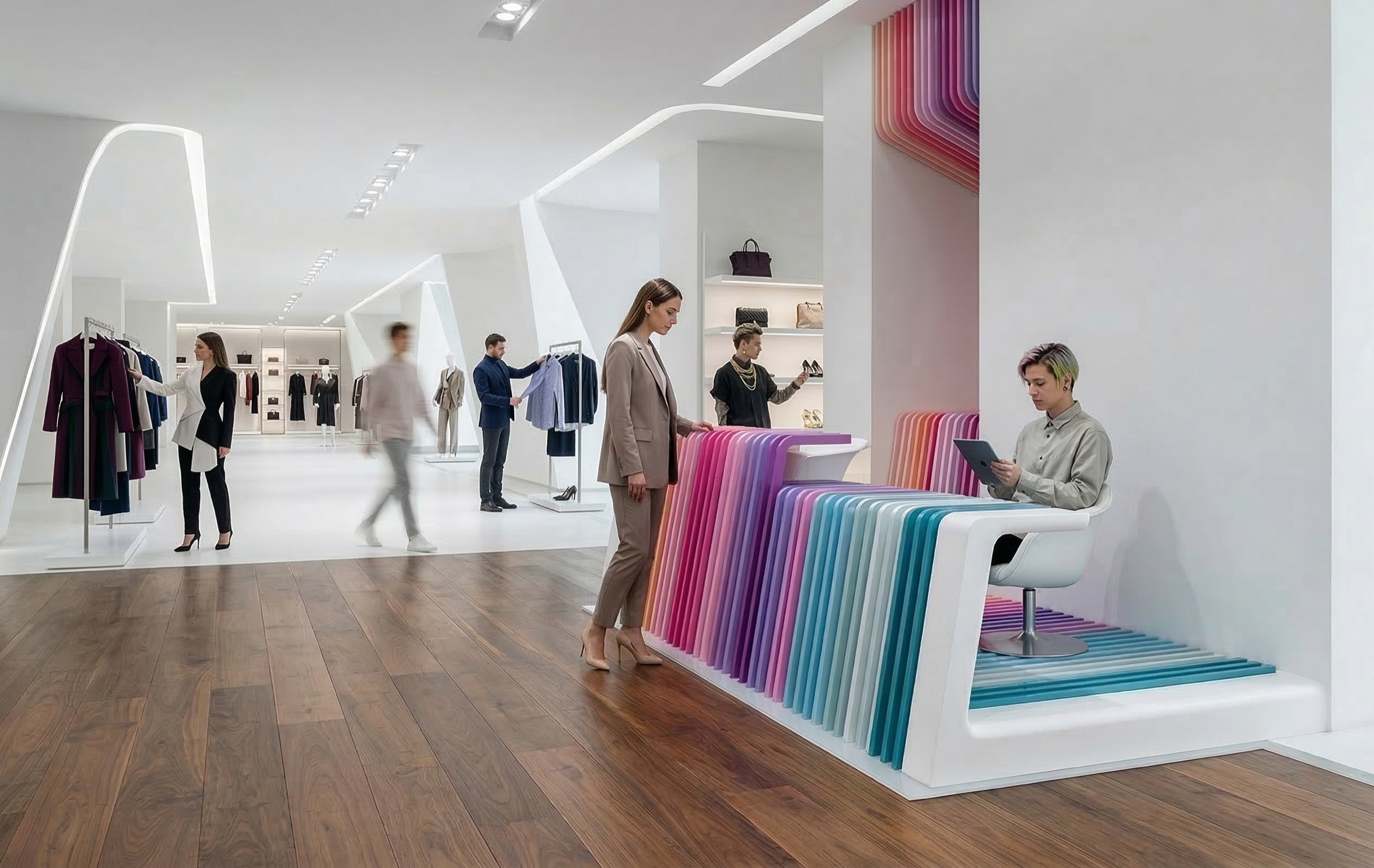 Ready-to-wear floor with a rainbow-striped upholstered bench integrated into a white architectural volume, clothing racks beyond, angular ceiling elements with LED lighting, and shoppers browsing