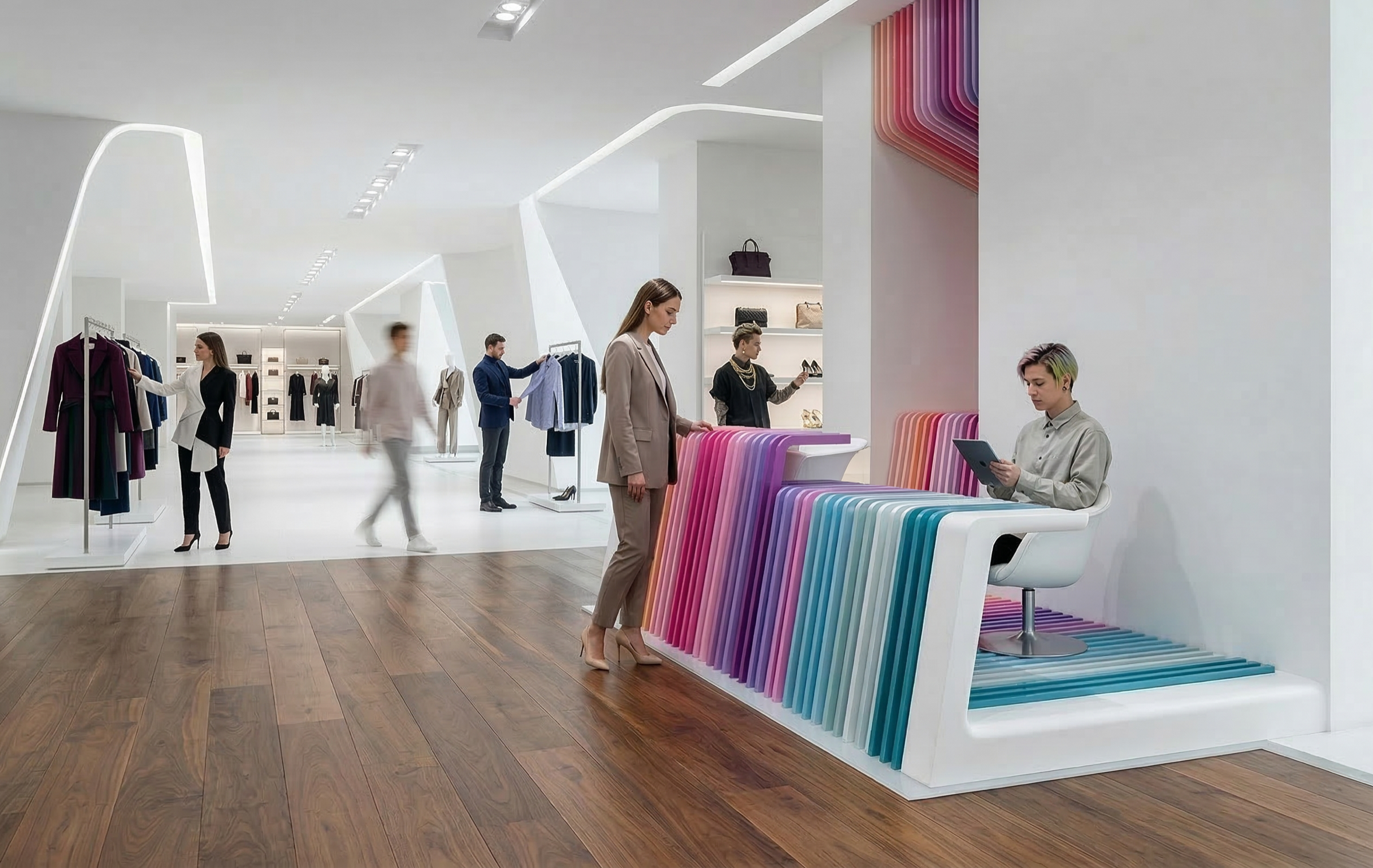 Ready-to-wear floor with a rainbow-striped upholstered bench integrated into a white architectural volume, clothing racks beyond, angular ceiling elements with LED lighting, and shoppers browsing