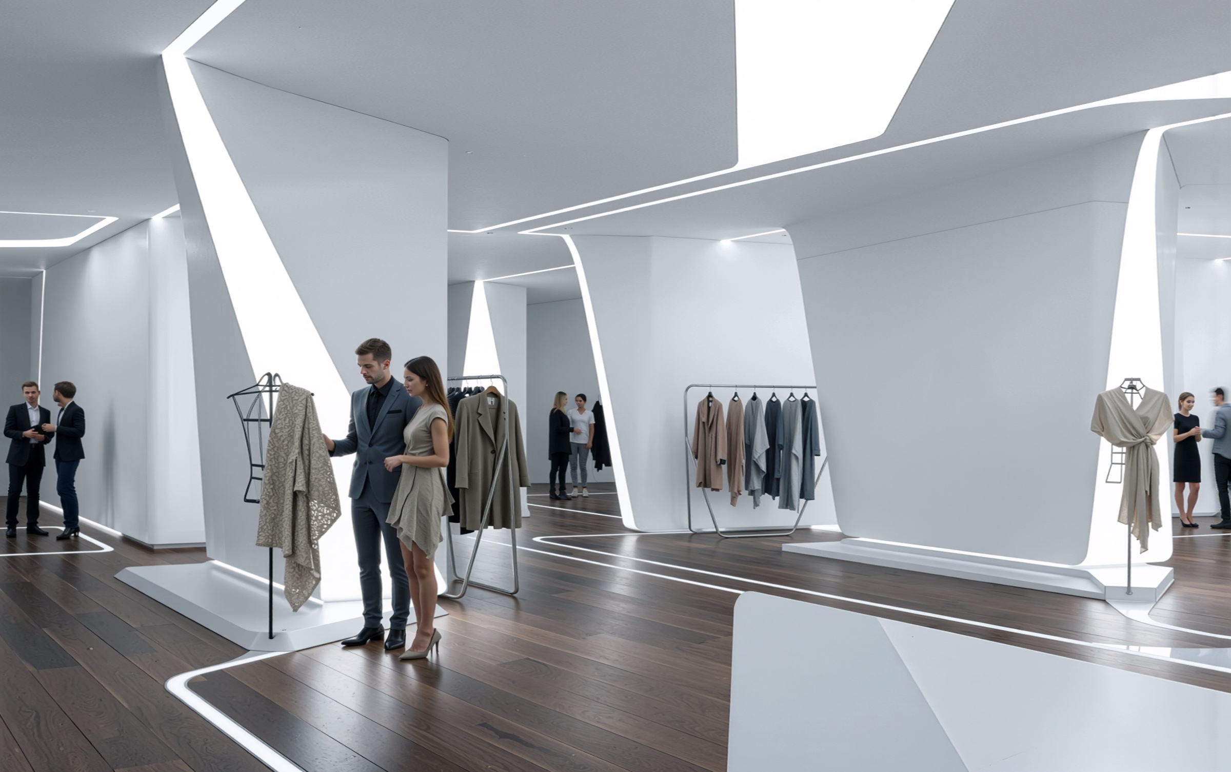 Fashion floor of the TSUM department store showing faceted white sculptural columns with integrated LED strip lighting, dark walnut flooring, clothing racks, and dress forms — a crystalline architectural envelope framing the merchandise