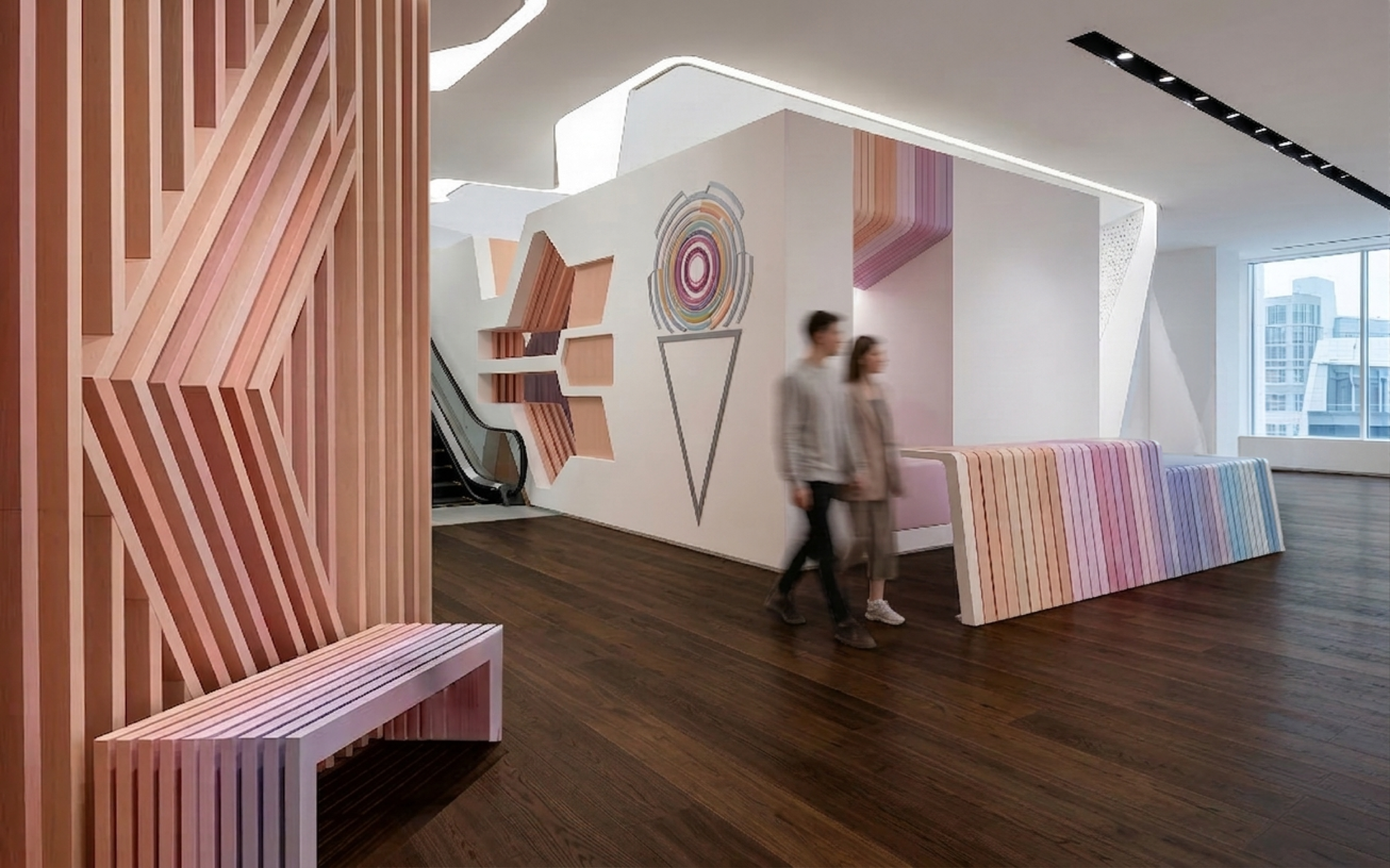 Children's zone with pink slatted timber columns, geometric ice-cream-cone wall graphics, a rainbow-striped bench, an escalator beyond, and visitors passing through