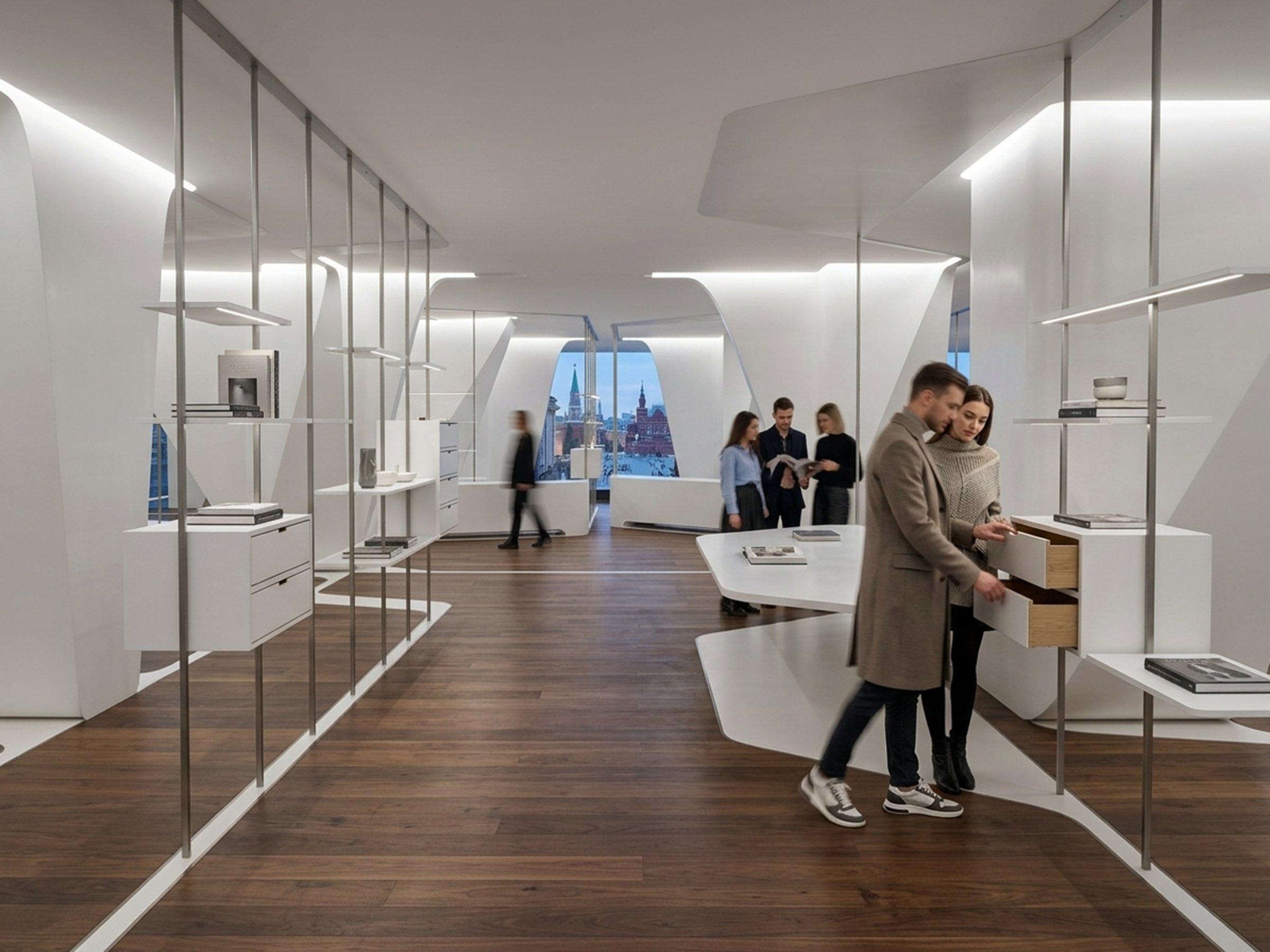 Lifestyle and accessories gallery with slender steel shelving units, a sculpted white display table, faceted white walls framing a window with a view of the Moscow skyline at dusk, and visitors browsing curated objects