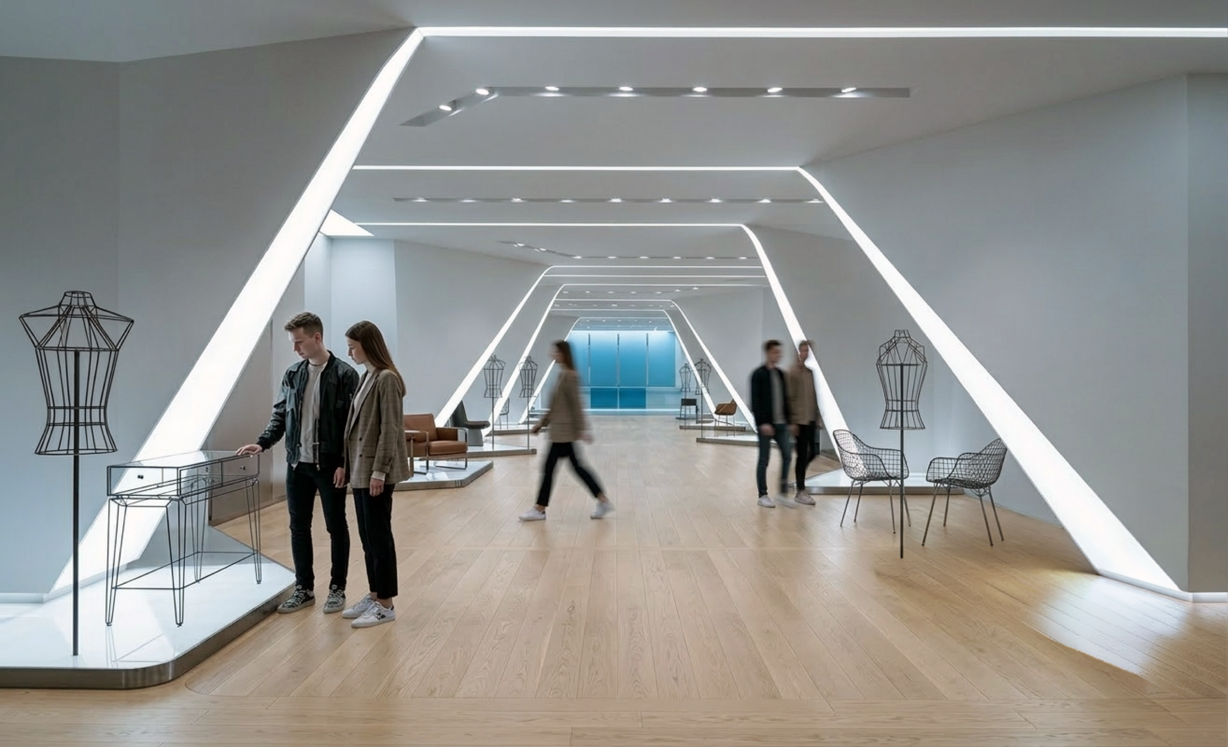 Main gallery corridor with faceted white architectural framing, integrated overhead LED lighting, pale oak flooring, wire dress forms flanking the passage, and visitors moving through the luminous volume