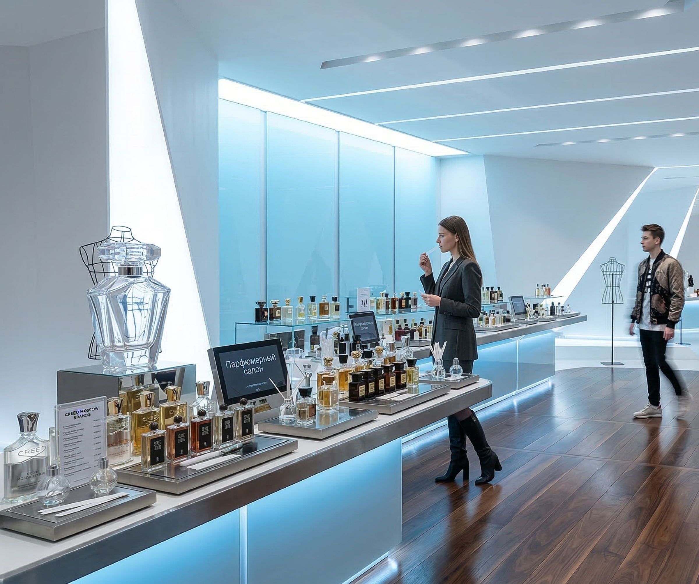 The perfumery salon with long blue-backlit glass display counters carrying fragrance bottles, angular white ceiling planes with LED strip lighting, dark walnut floor, and Russian signage reading Парфюмерный салон