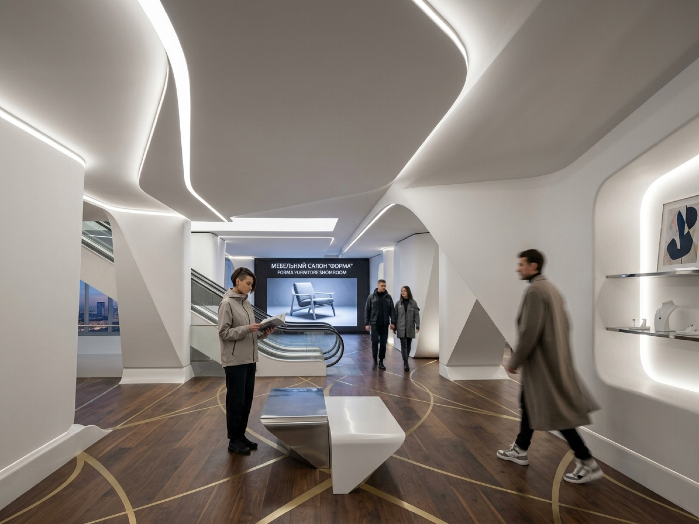 Technology and design department with faceted white walls and ceiling, integrated LED lighting, a central display island showing a sculptural ring object on screen, product vitrines along the walls, and visitors browsing