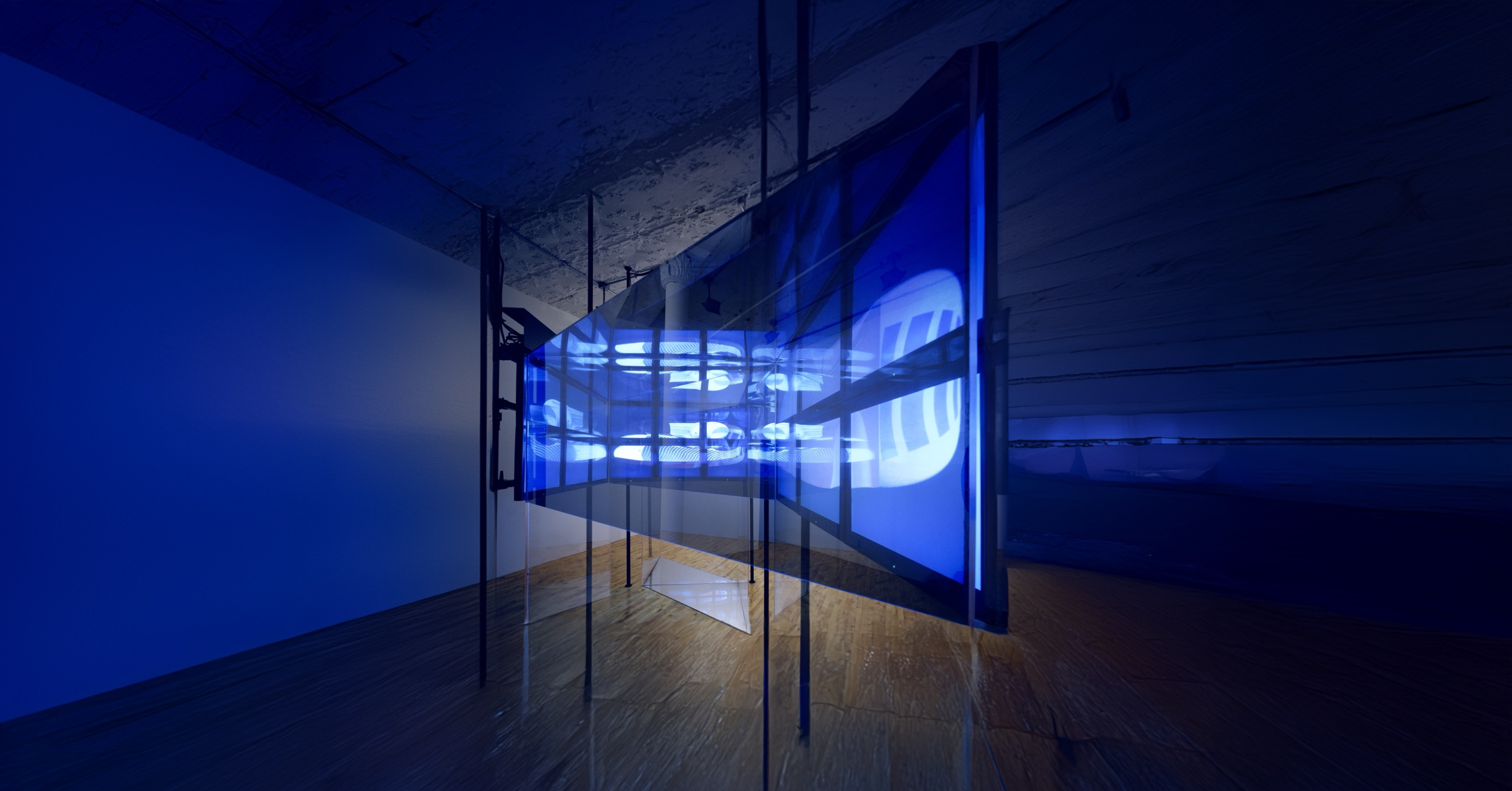 FluxSpace 1.0 installation detail — glass, projection, and industrial loft architecture at TZ Art