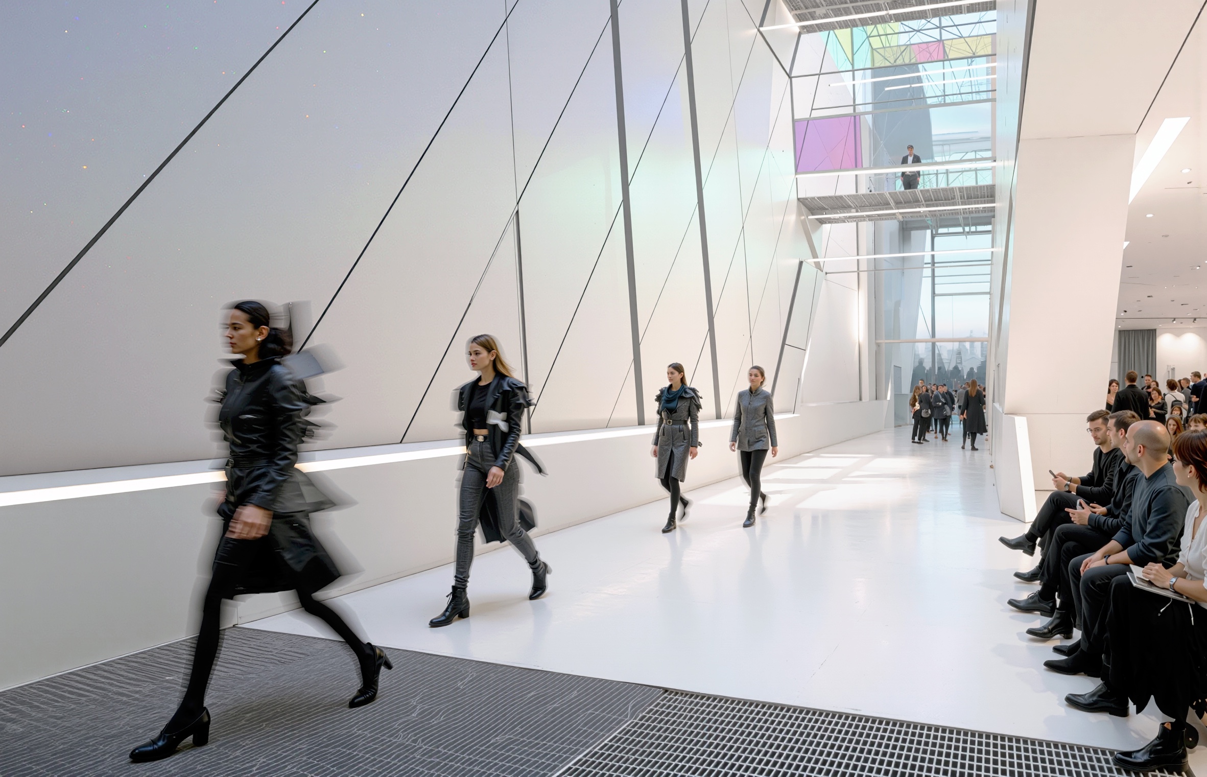 Fashion runway event inside the angular interior space with skylight above
