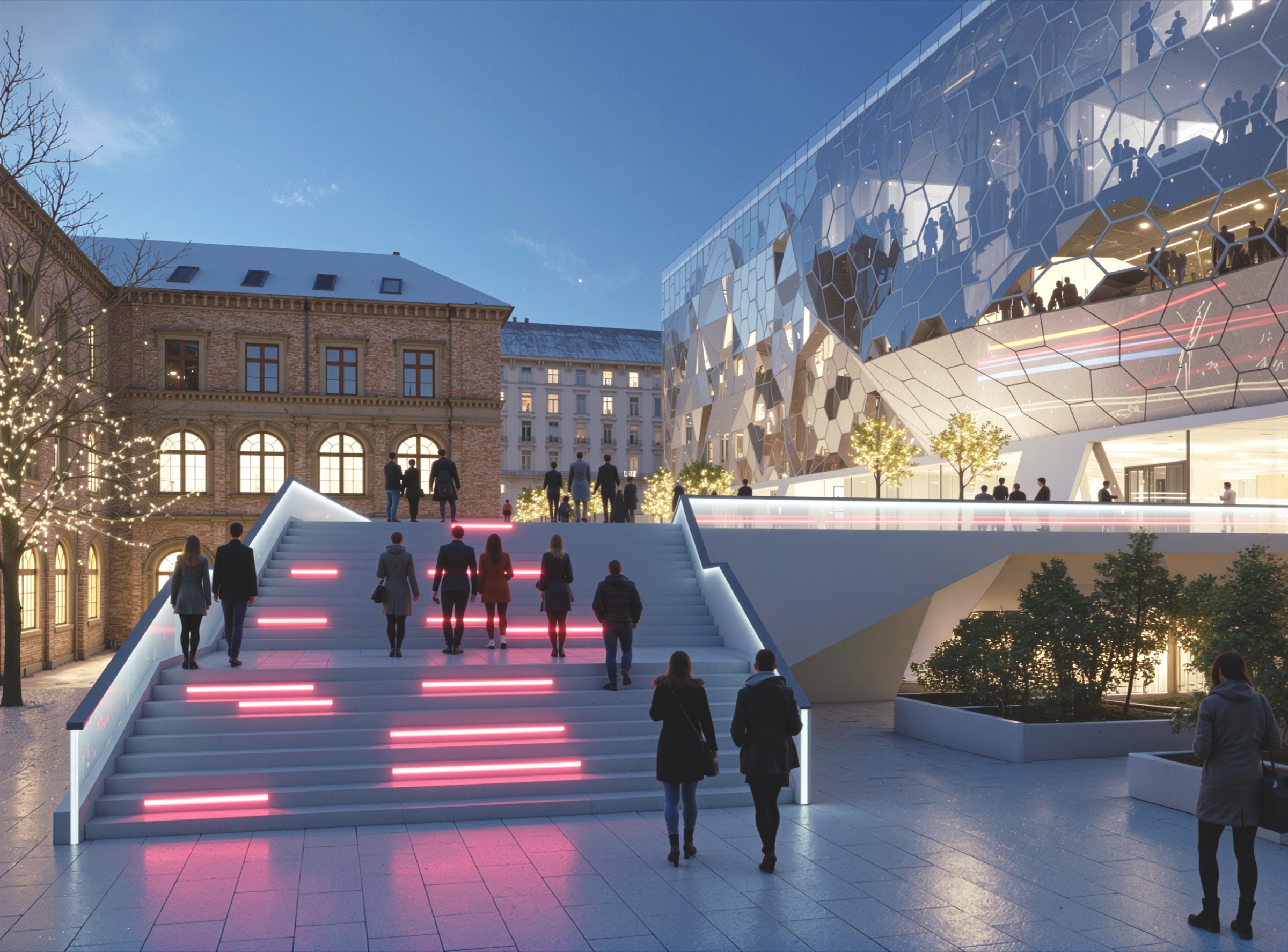 Courtyard view at dusk with illuminated stairs leading toward the building entry