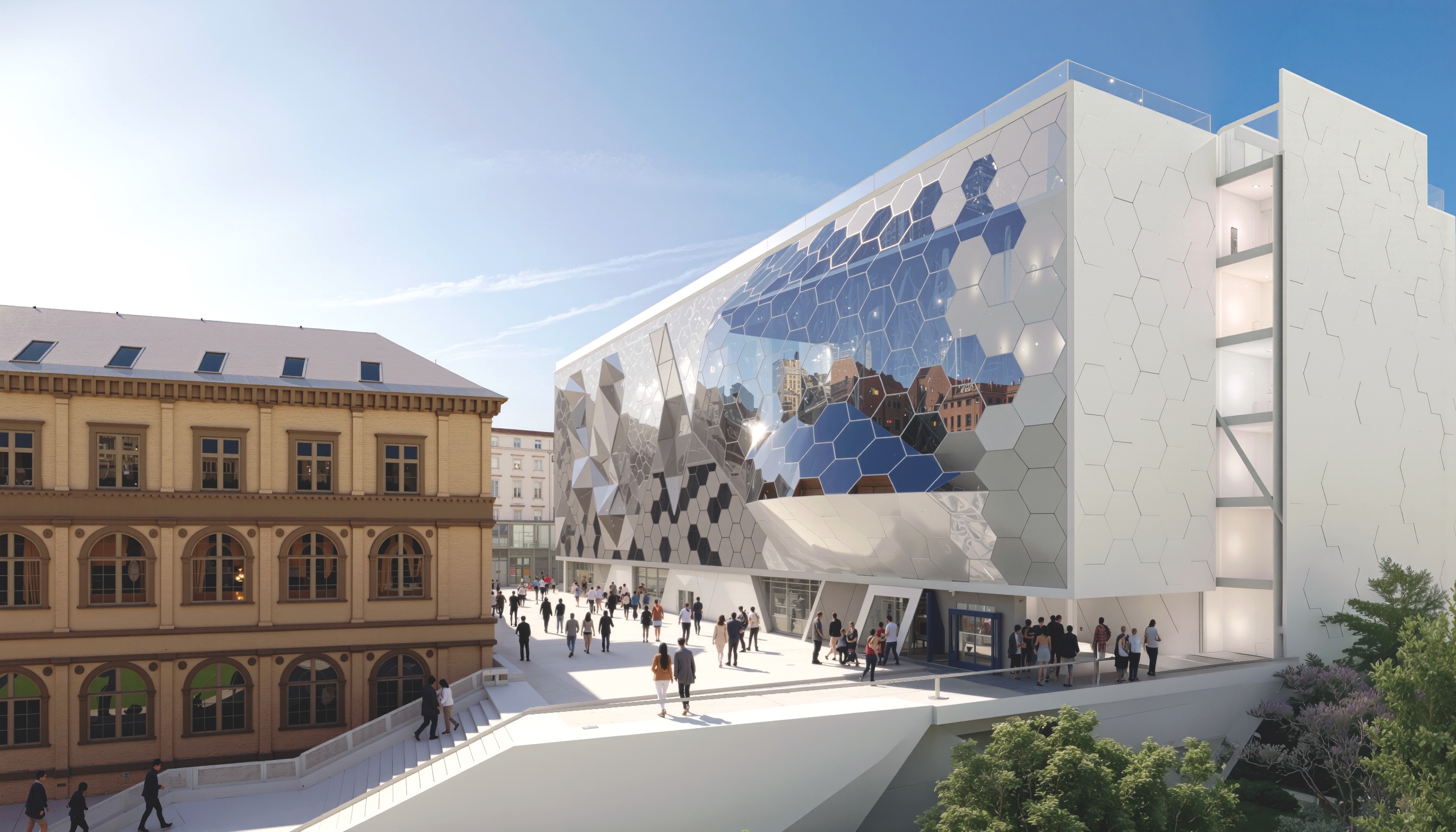 Daytime exterior view of the University of Applied Arts Vienna showing the modern hexagonal glass facade alongside the historic building