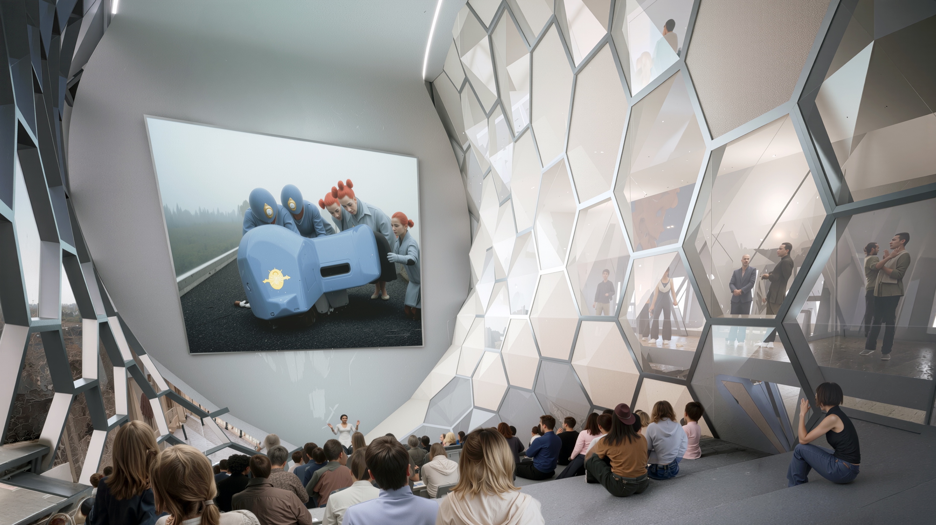 Lecture hall with hexagonal wall panels and students watching a projection screen