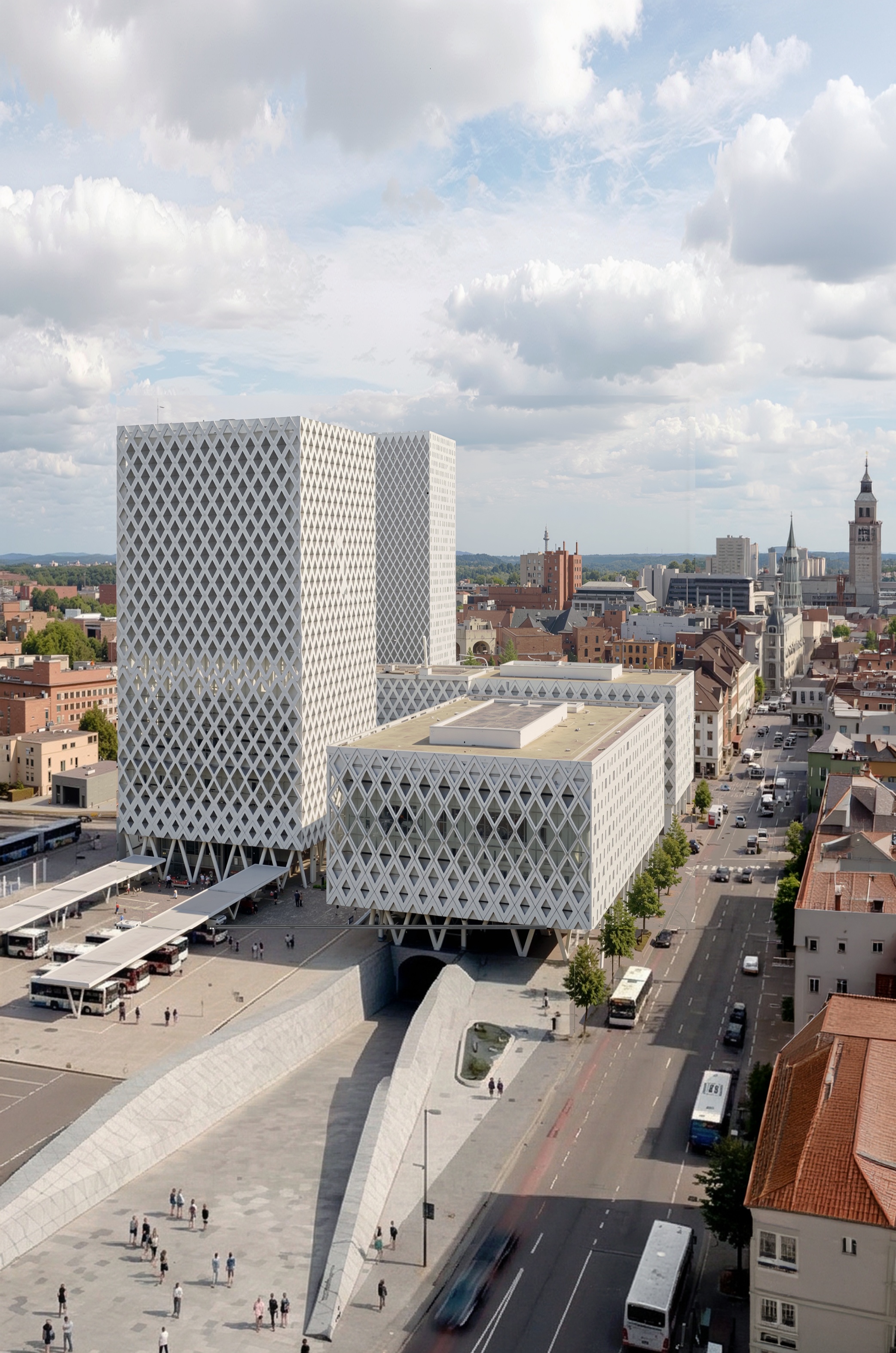 Elevated view of the building complex tower with surrounding Ghent cityscape